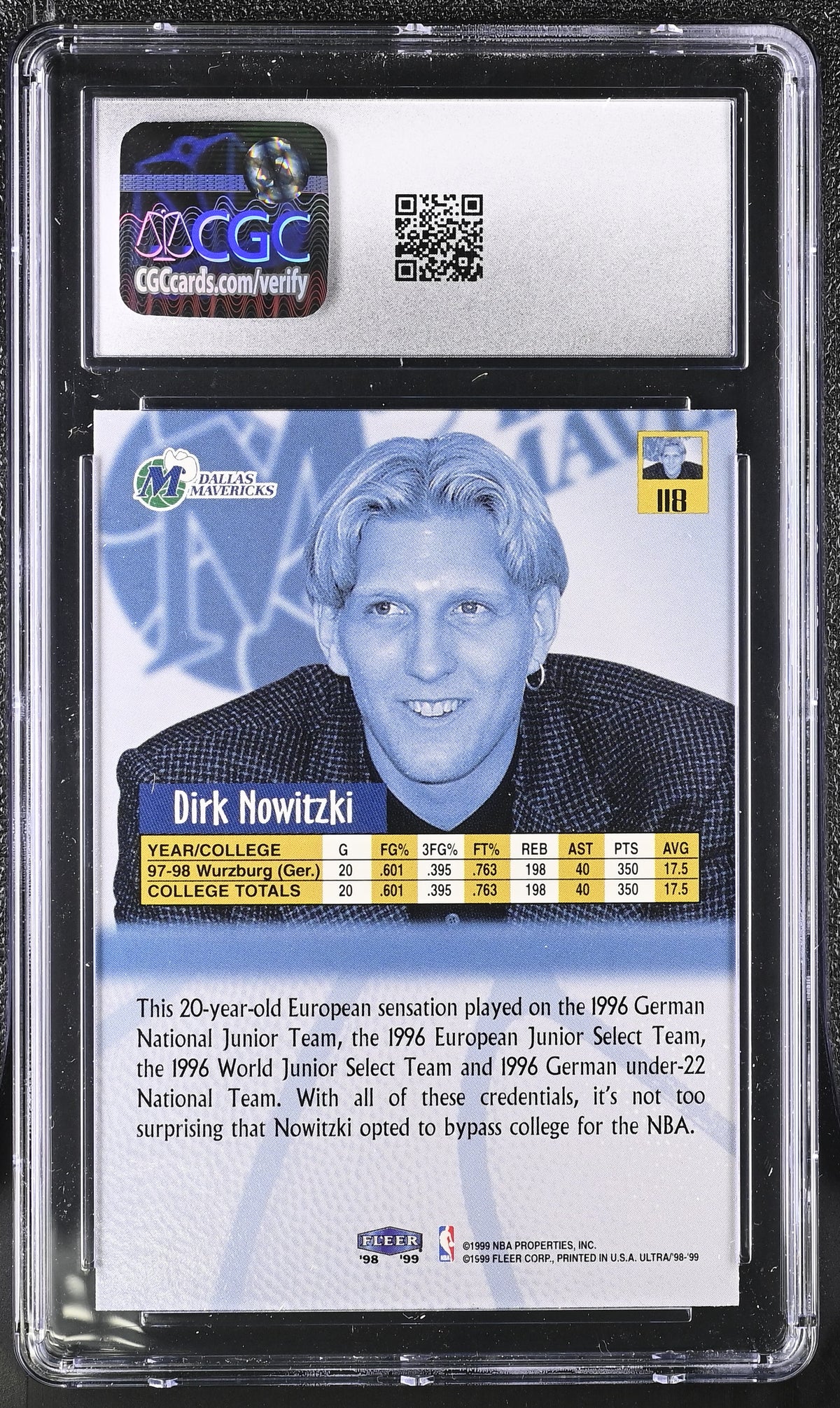 1998-99 Fleer Ultra Dirk Nowitzki Rookie #118 CGC 9 Dallas Mavericks
