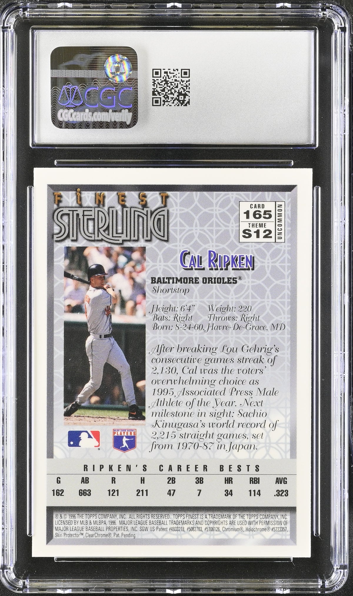 1996 Topps Finest Cal Ripken Jr. #165 CGC 10 Baltimore Orioles