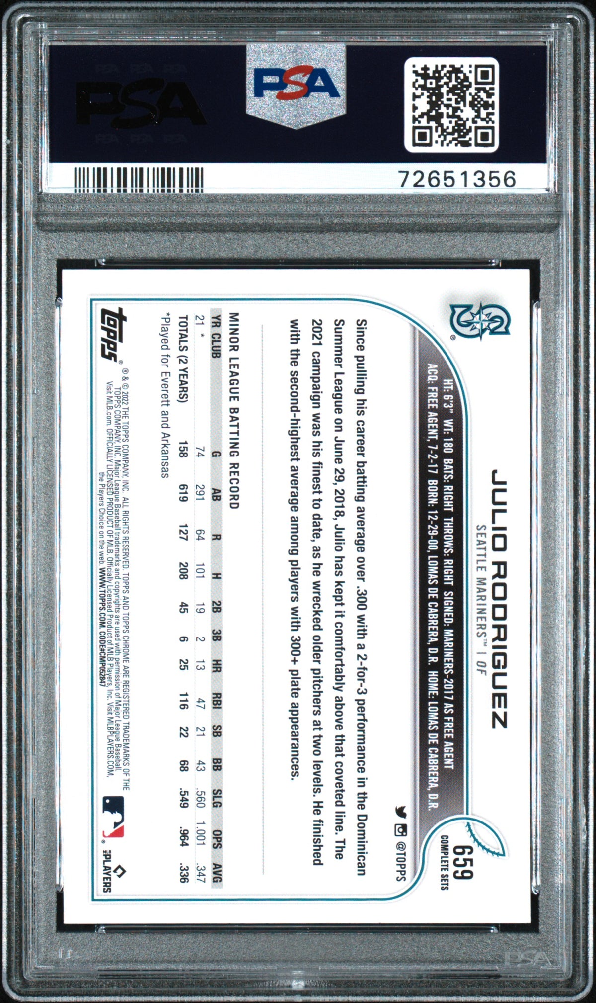 2022 Topps Complete Set Julio Rodriguez Variation #659 PSA 8