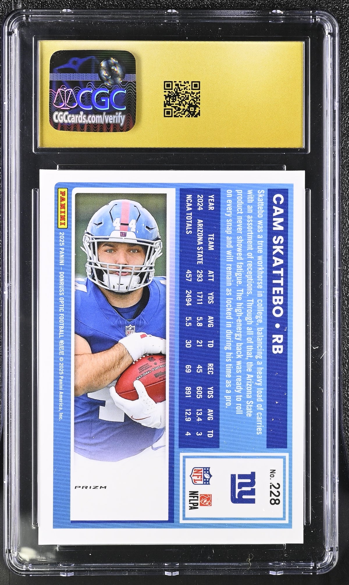 2025 Donruss Optic Cam Skattebo Purple Shock Rookie #228 CGC 10 Pristine Giants