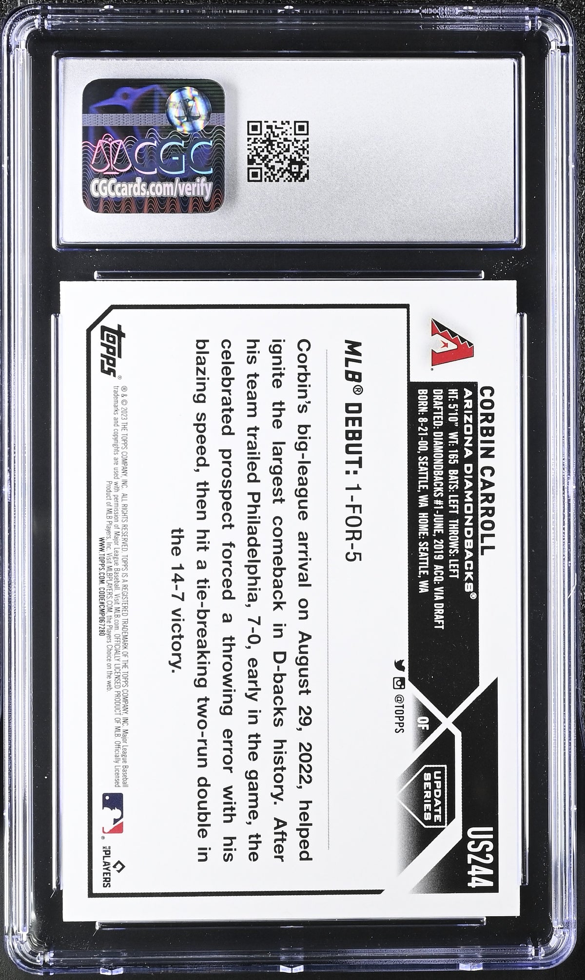 2023 Topps Update Corbin Carroll Rookie #US244 CGC 10 Arizona Diamondbacks