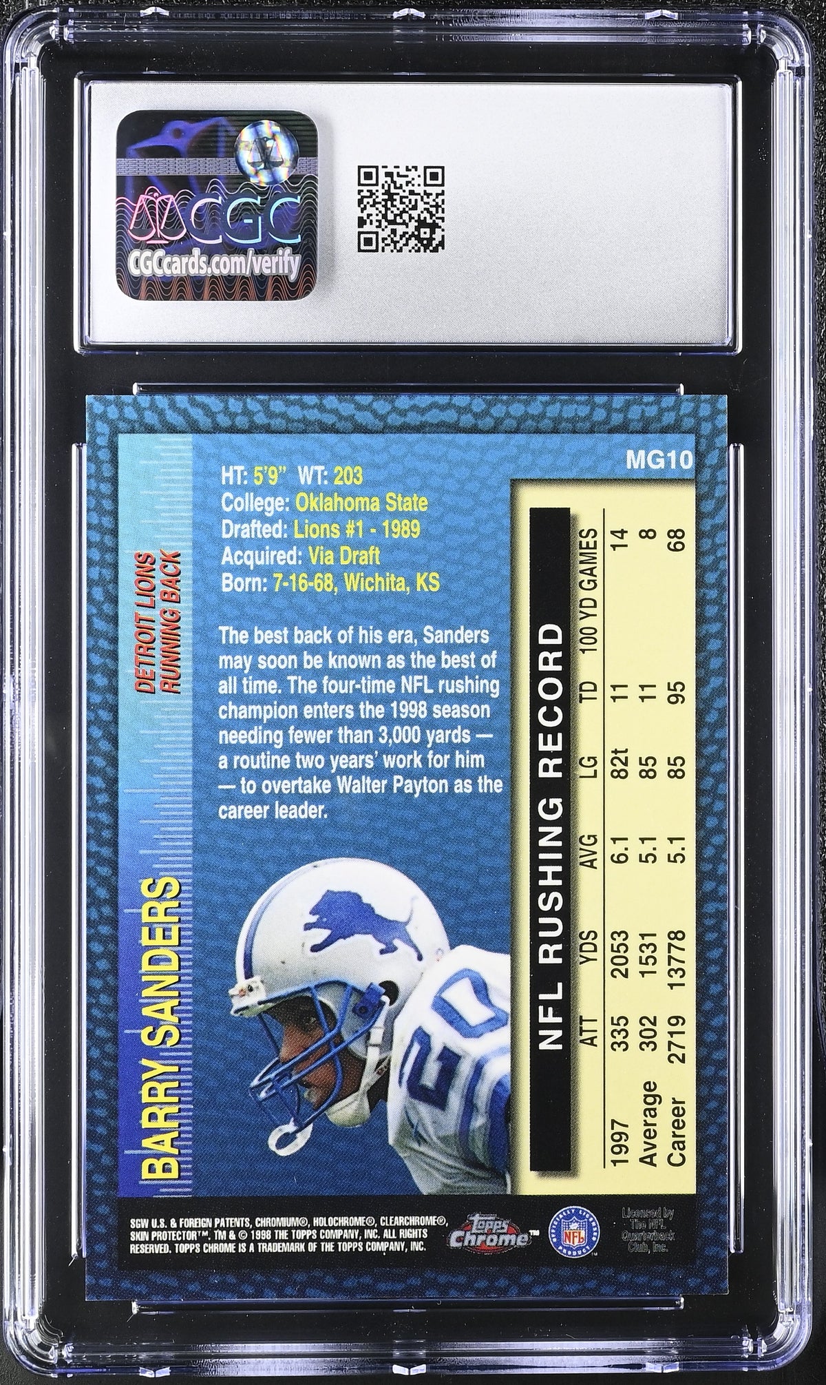 1998 Topps Chrome Barry Sanders Measures of Greatness #MG10 CGC 10 Detroit Lions