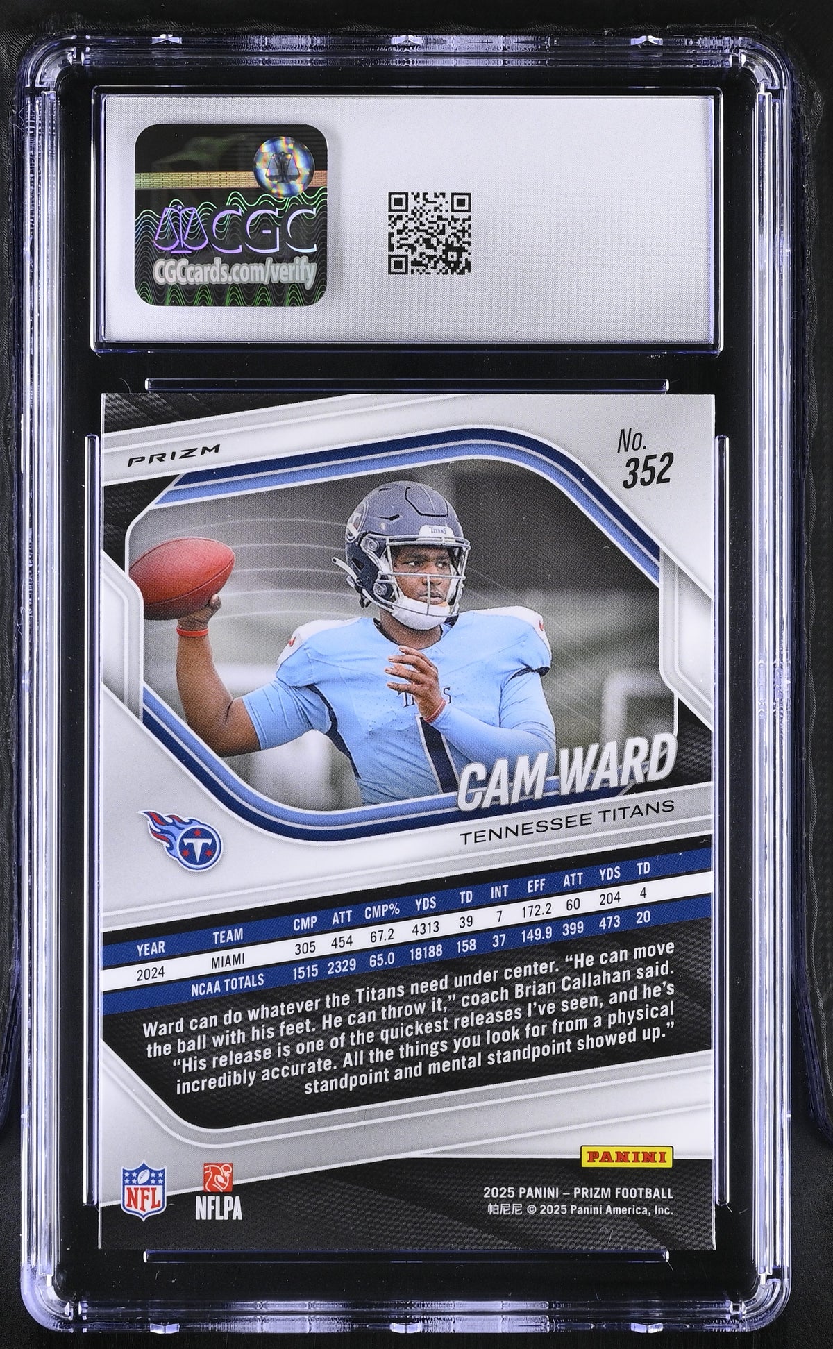 2025 Panini Prizm Cam Ward Lazer Rookie #352 CGC 9 Tennessee Titans