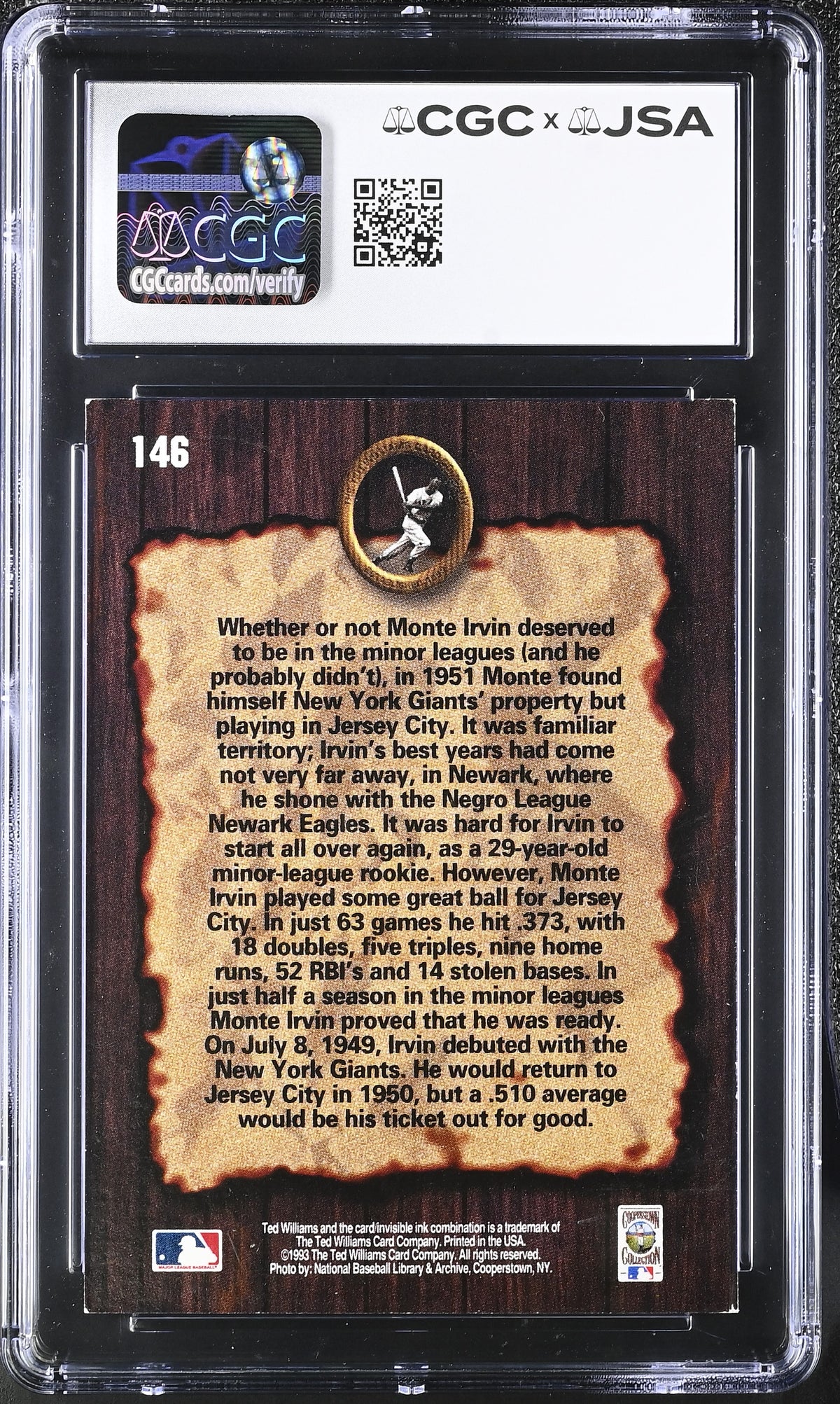 1993 Williams Monte Irvin Auto Autograph #146 CGC Authentic JSA