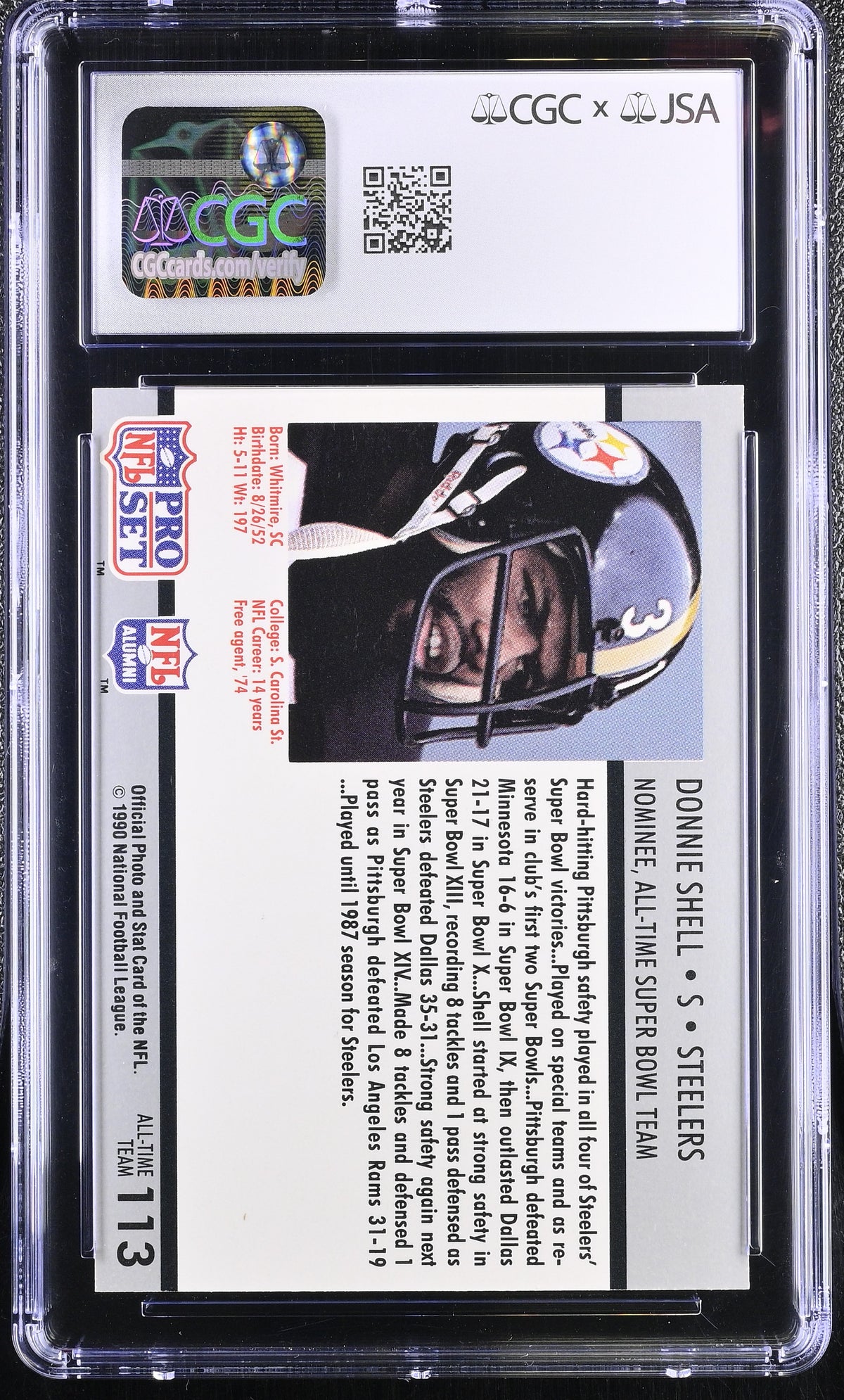 1990 Pro Set Super Bowl XXV Donnie Shell Silver Auto #113 CGC 10 JSA Steelers