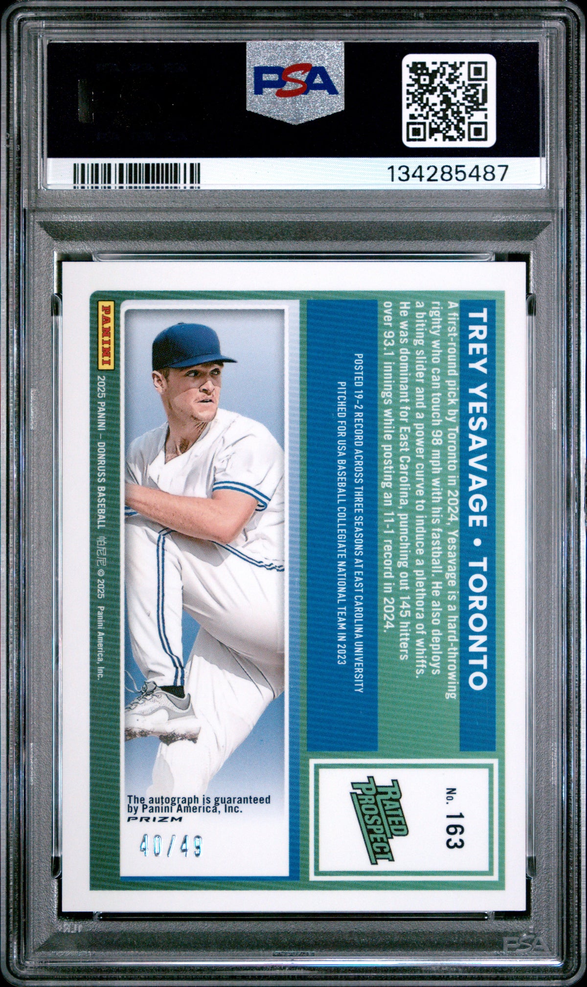 2025 Panini Donruss Trey Yesavage Optic Auto Purple /49 Rookie PSA 9 Blue Jays