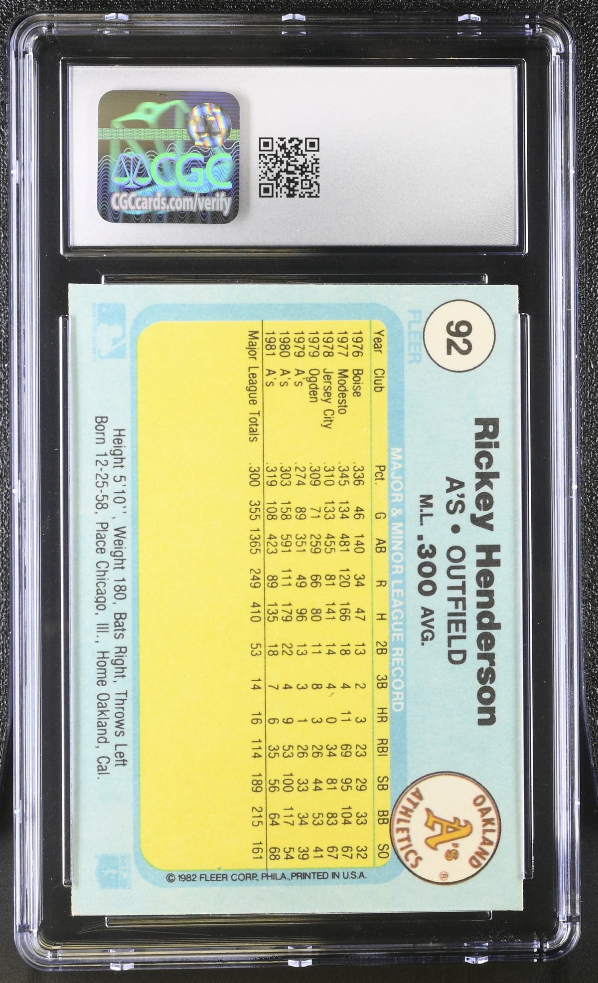 1982 Fleer Rickey Henderson #92 CGC 9 Oakland Athletics