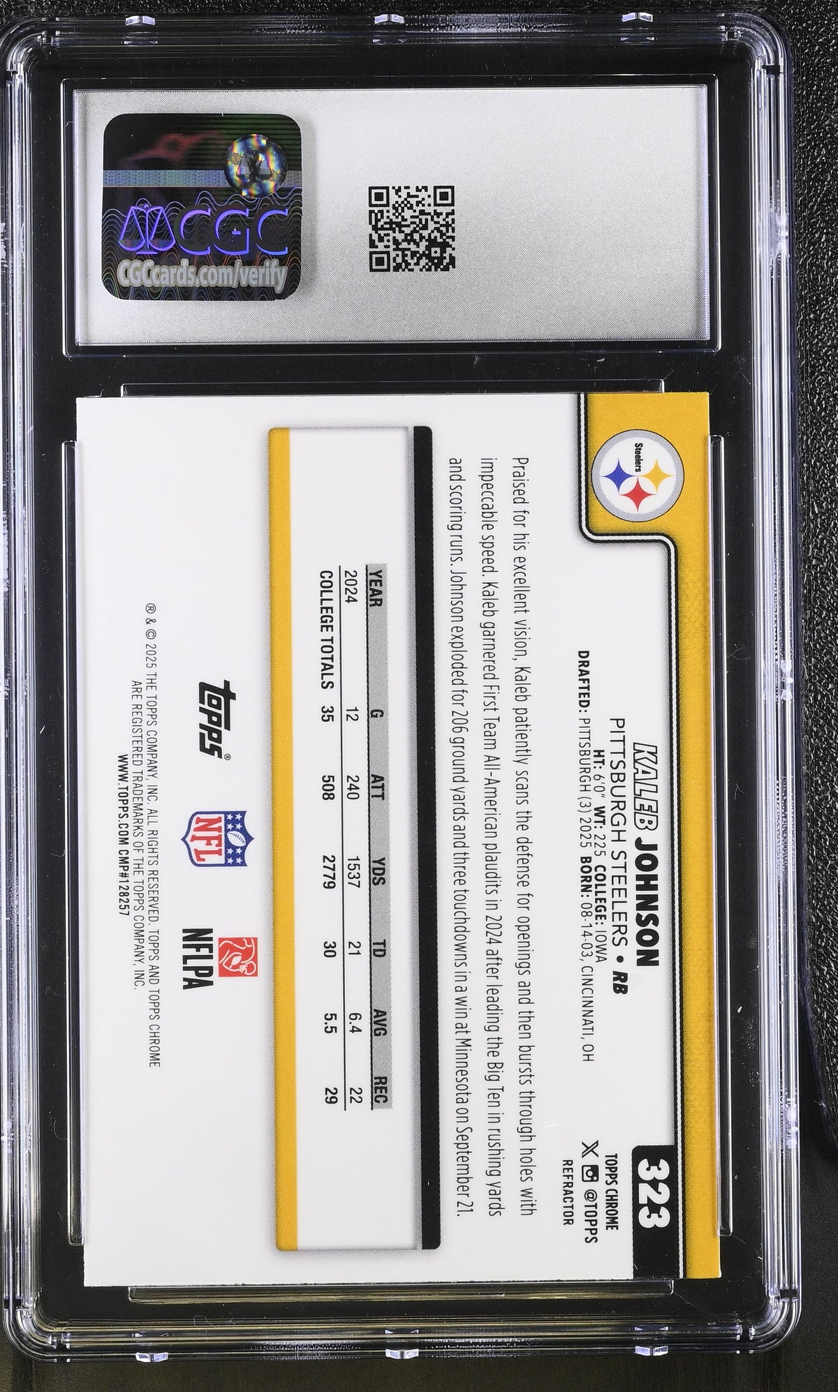 2025 Topps Chrome Kaleb Johnson Refractor Rookie #323 CGC 9.5 Steelers