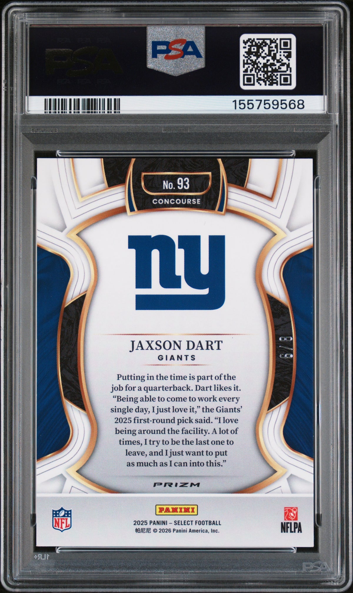 2025 Panini Select Jaxson Dart Lucky Envelope /9 Rookie #93 PSA 9 Giants