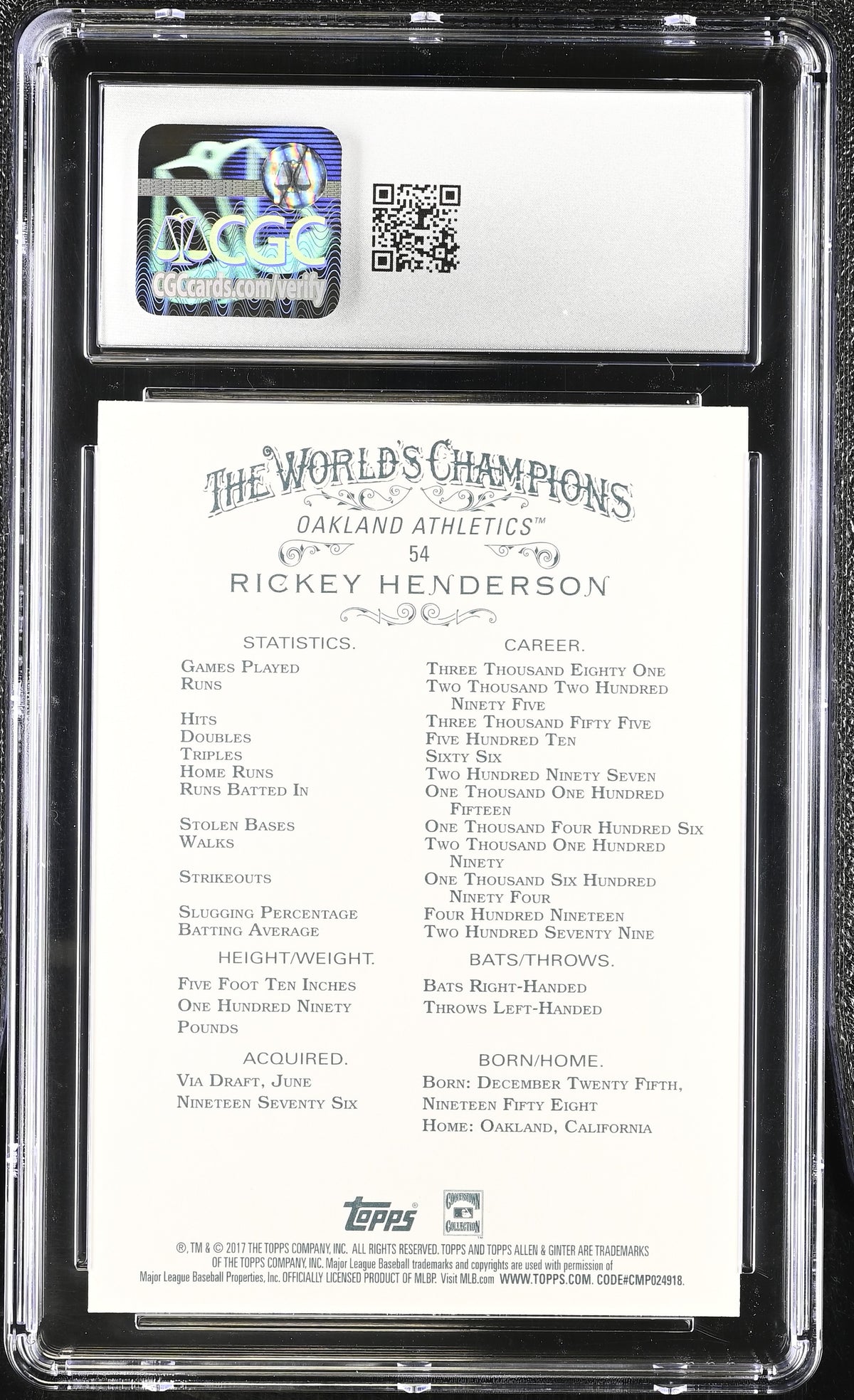 2017 Topps Allen & Ginter Rickey Henderson #54 CGC 10 Oakland Athletics