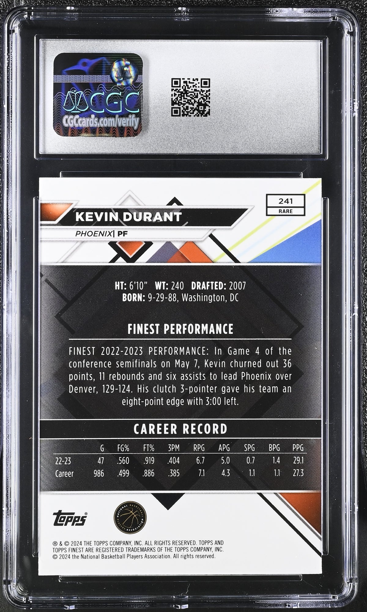 2023-24 Topps Finest Kevin Durant Checkerboard Refractor #241 CGC 10 Suns
