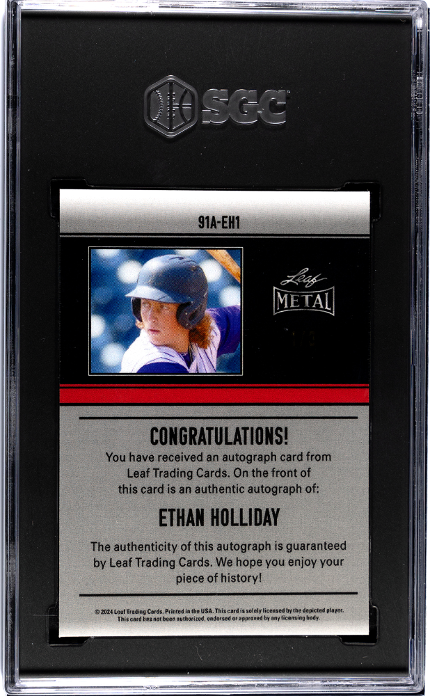 2024 Leaf Metal Ethan Holliday '91 Auto Red Pulsar /3 Rookie #EH1 SGC 9 Rockies