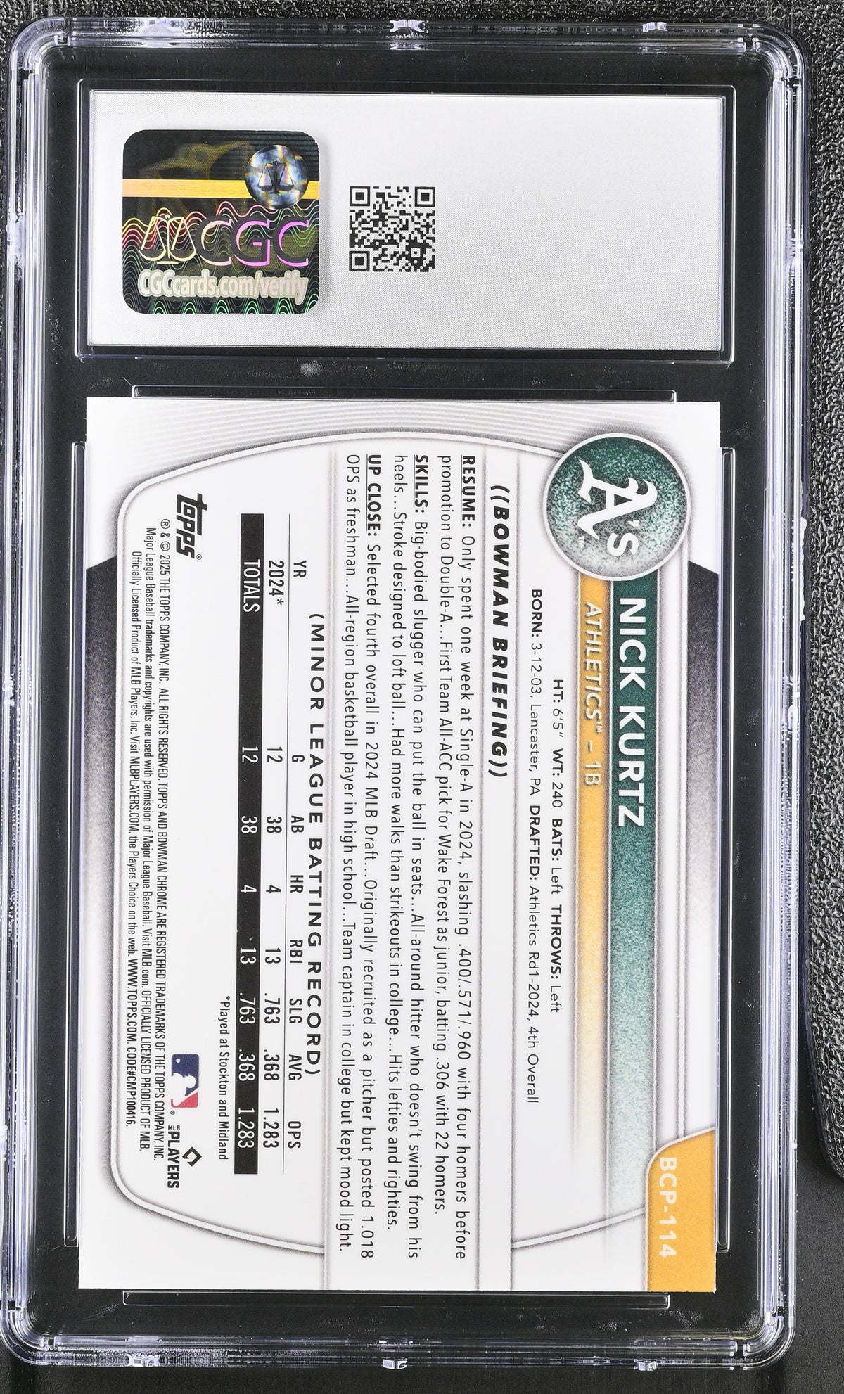 2025 Bowman Nick Kurtz #BCP-114 Chrome Prospects CGC 10