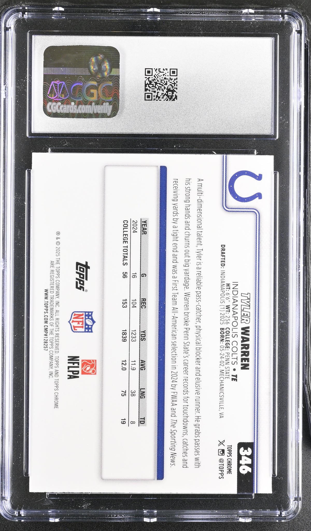 2025 Topps Chrome Tyler Warren Pink Wave Refractor Rookie #346 CGC 9 Colts