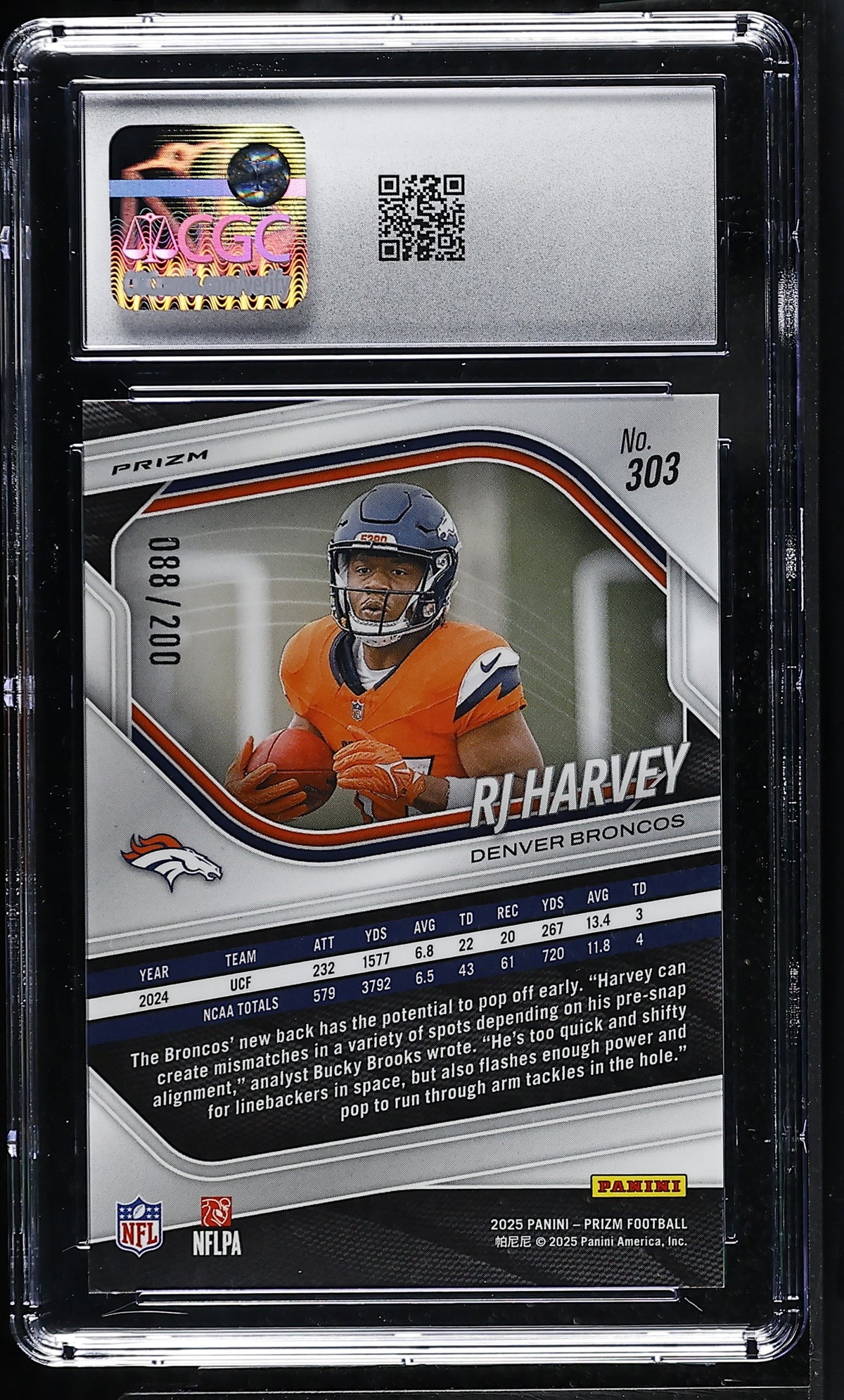 2025 Panini Prizm RJ Harvey Hyper /200 Rookie #303 CGC 10 Denver Broncos