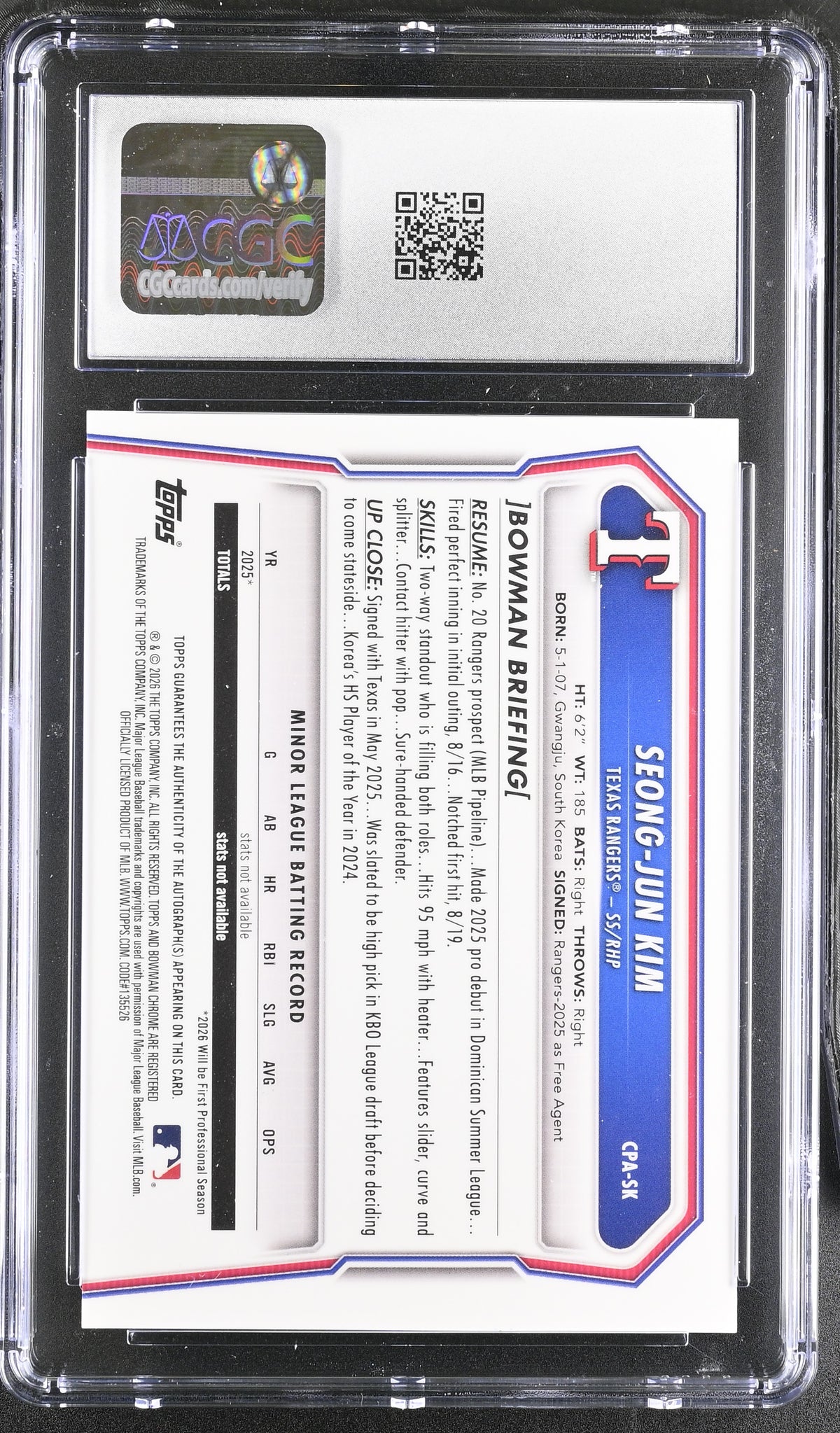 2026 Bowman Seong-Jun Kim Grass Refractor /99 Rookie Chrome Auto #CPA-SK CGC 9