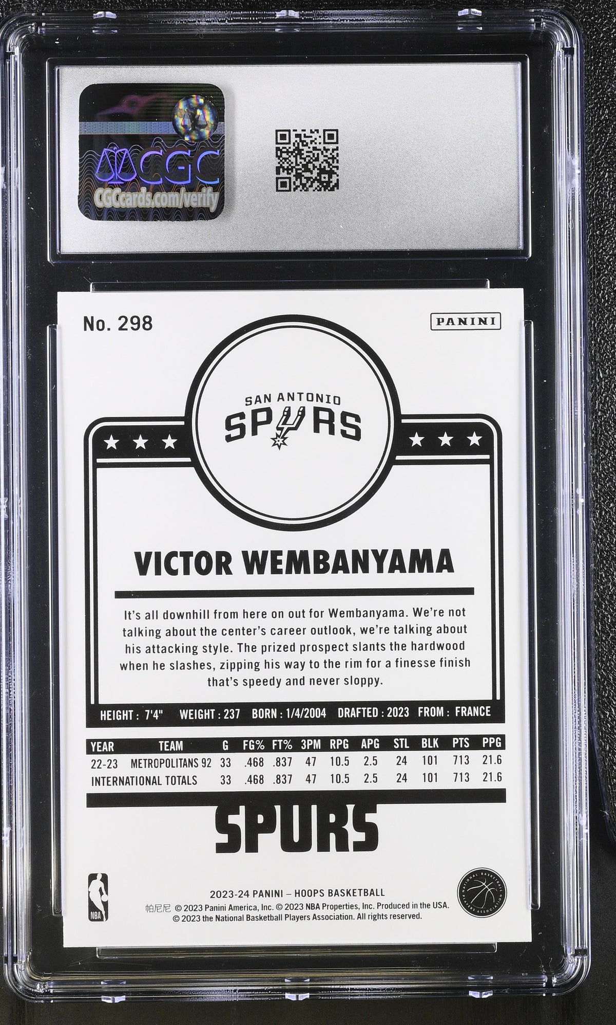 2023-24 Panini Hoops Victor Wembanyama Rookie #298 CGC 10 San Antonio Spurs