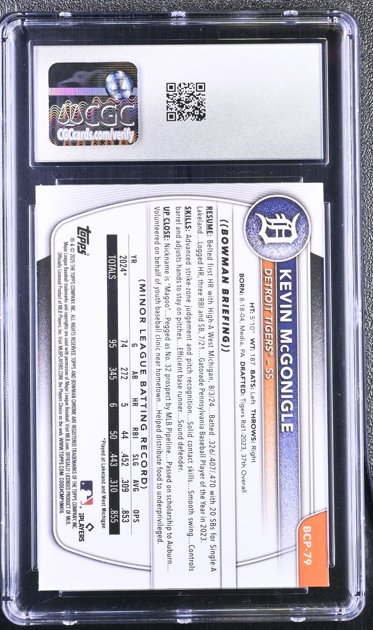 2025 Bowman Kevin McGonigle Rookie Chrome Prospects #BCP-79 CGC 9.5 Tigers