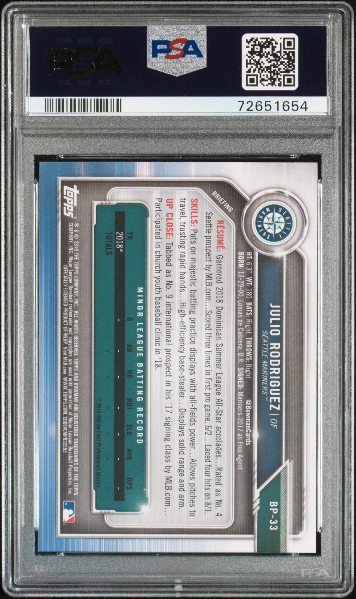 2019 Bowman Paper Prospects Julio Rodriguez Rookie #BP33 PSA 10 Seattle Mariners