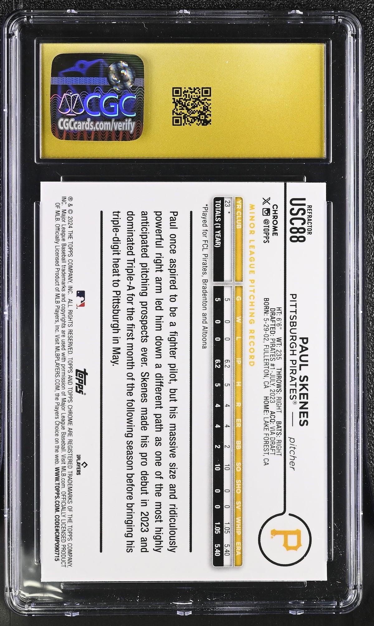 2024 Topps Chrome Update Paul Skenes Refractor #USC88 CGC Pristine  10 Pirates
