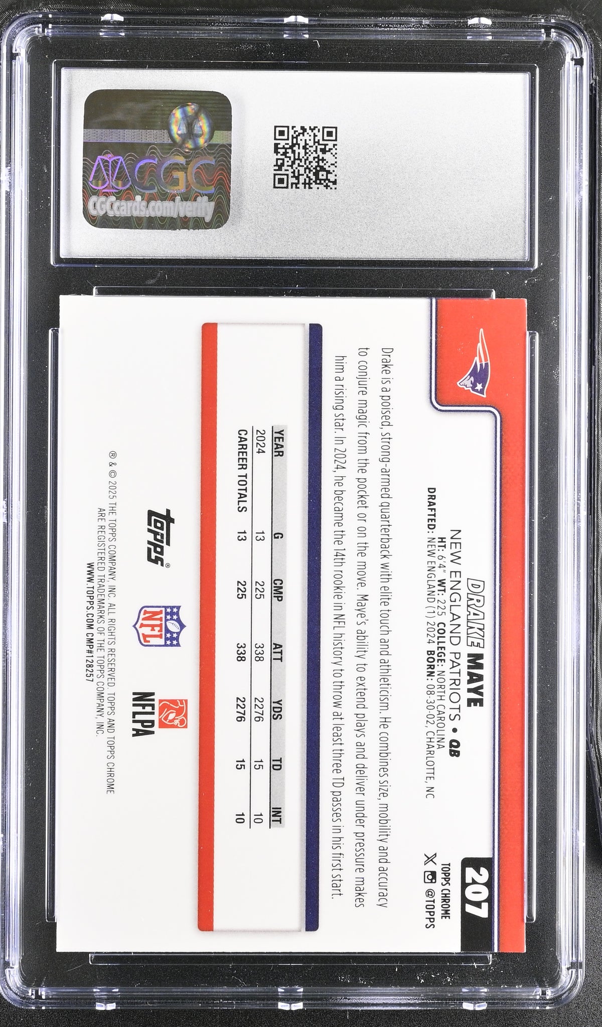 2025 Topps Chrome Drake Maye Prism Refractor #207 CGC 10 New England Patriots