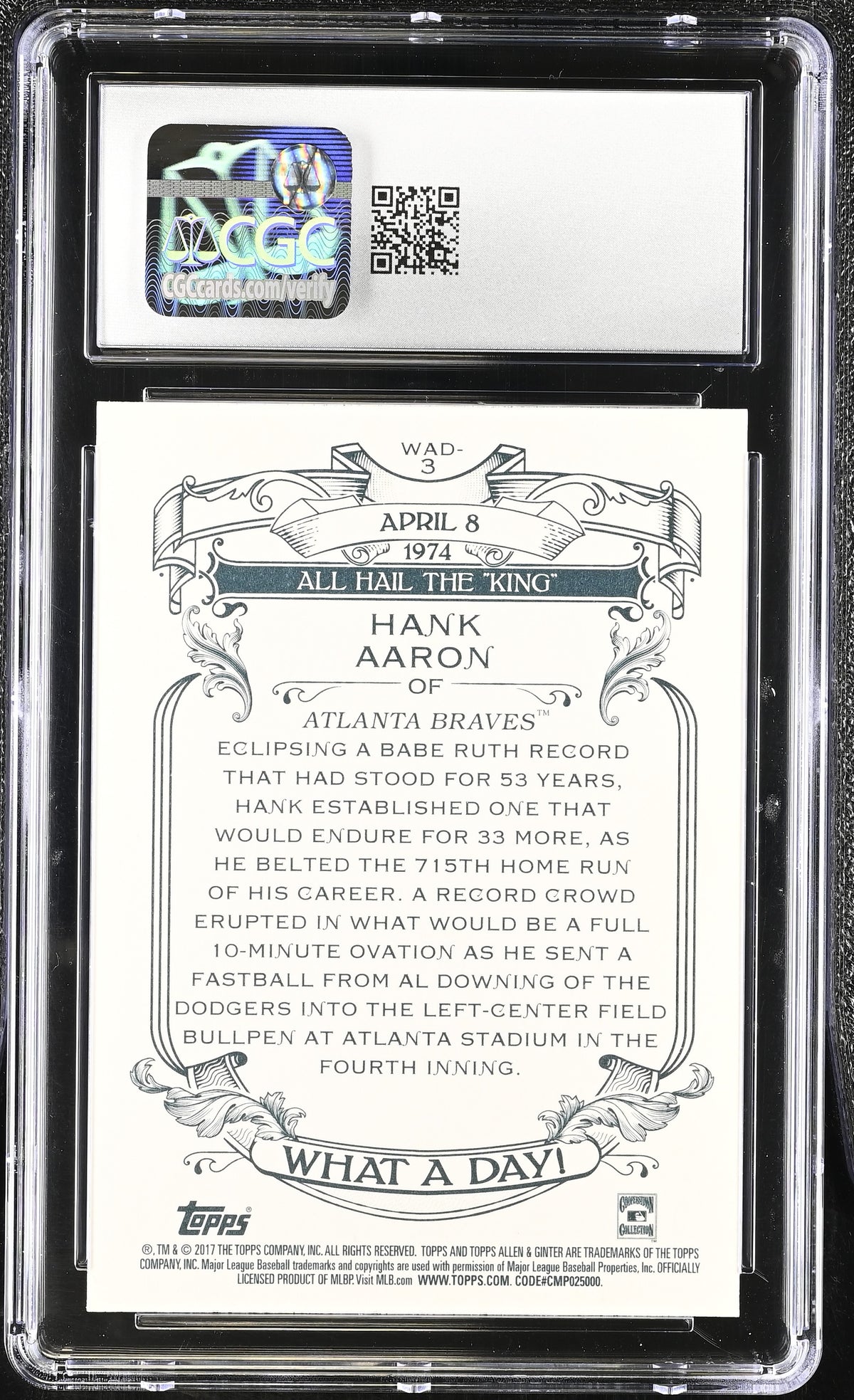 2017 Topps Allen & Ginter Hank Aaron What a Day! #WAD-3 CGC 10 Atlanta Braves
