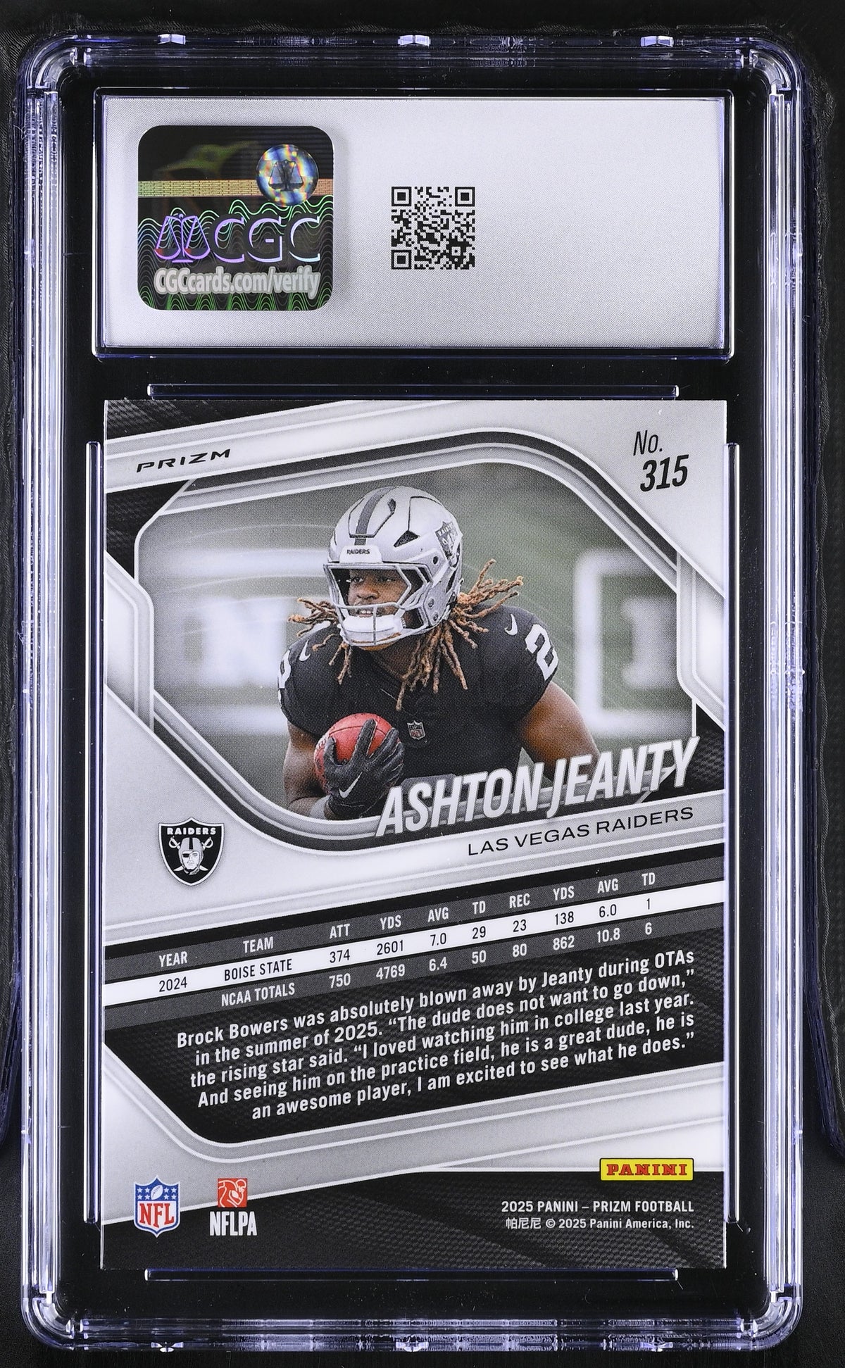 2025 Panini Prizm Ashton Jeanty Lazer Rookie #315 CGC 9 Las Vegas Raiders
