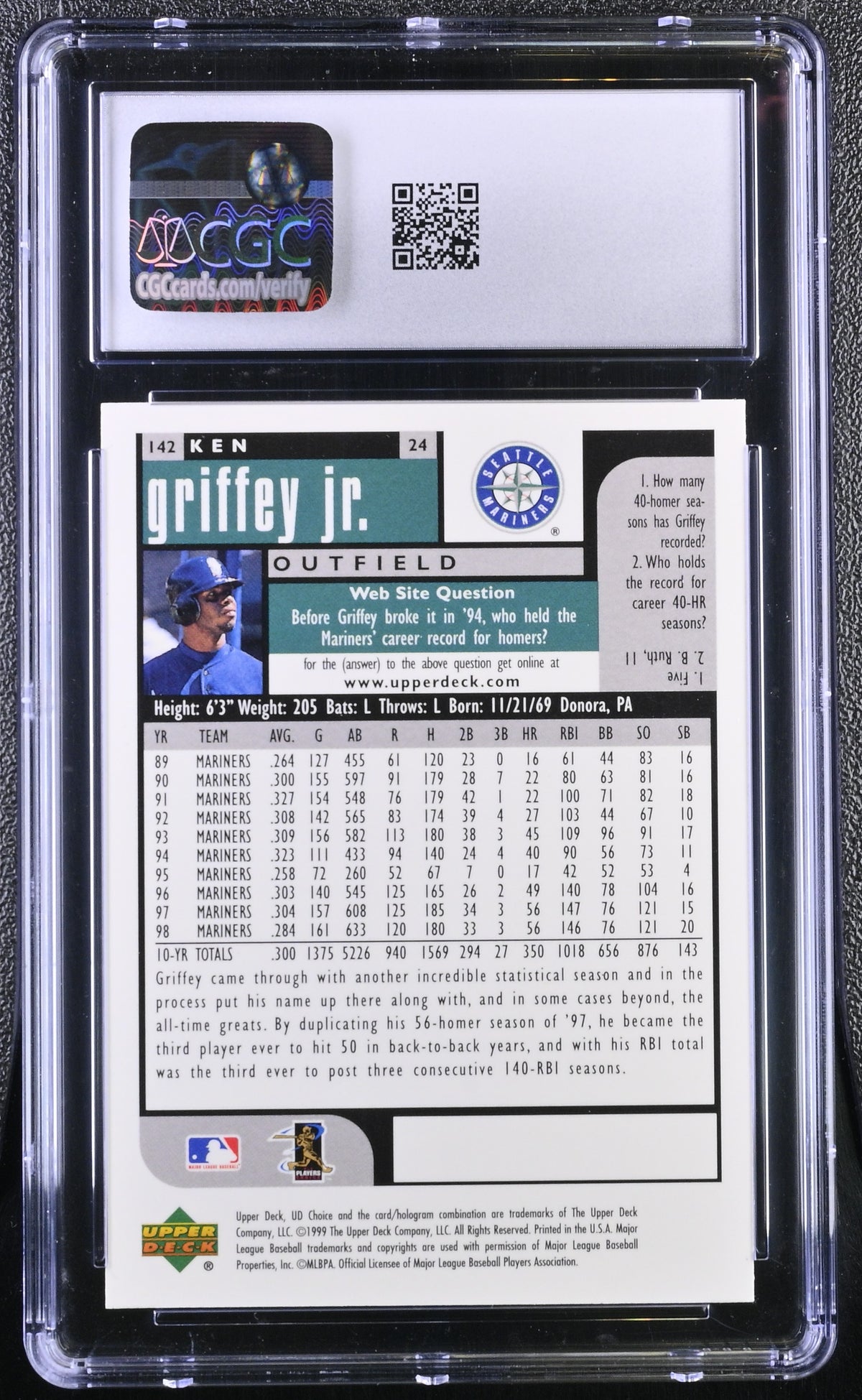 1999 UD Choice Ken Griffey Jr. #142 CGC 9.5 Seattle Mariners