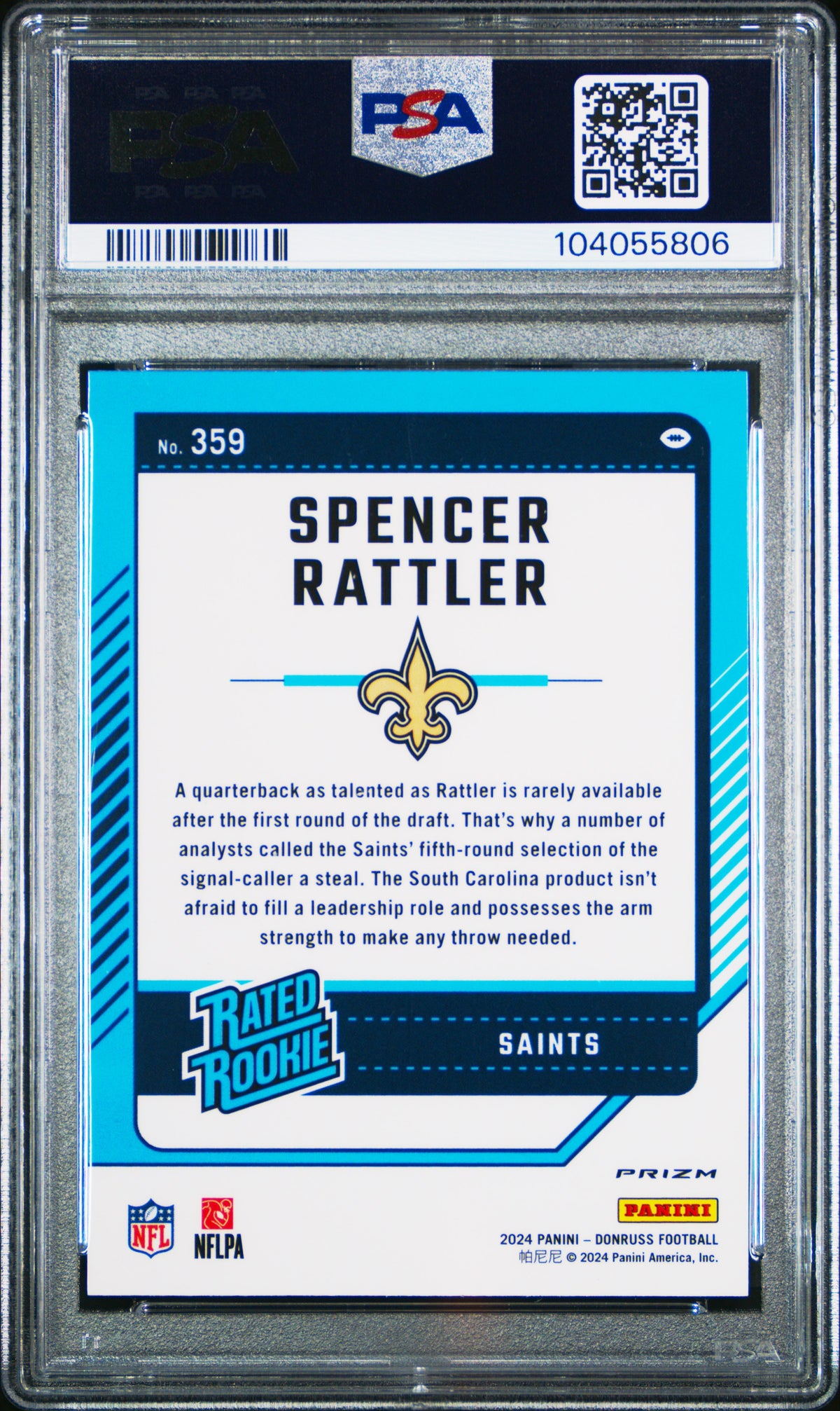 2024 Panini Donruss Spencer Rattler Optic Preview Rookie #359 PSA 9 Saints