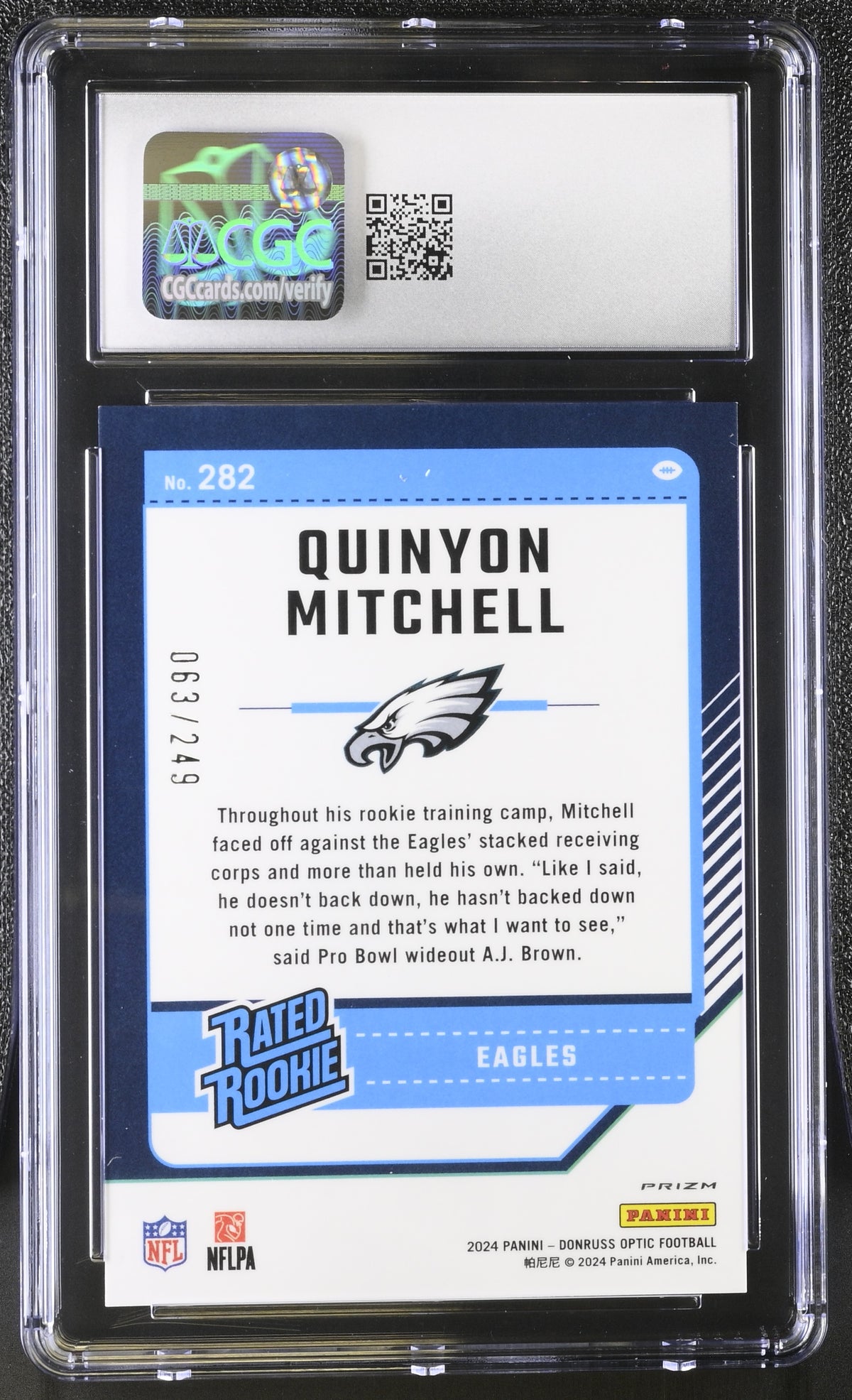 2024 Donruss Optic Quinyon Mitchell Orange /249 Rookie #282 CGC 9 Eagles