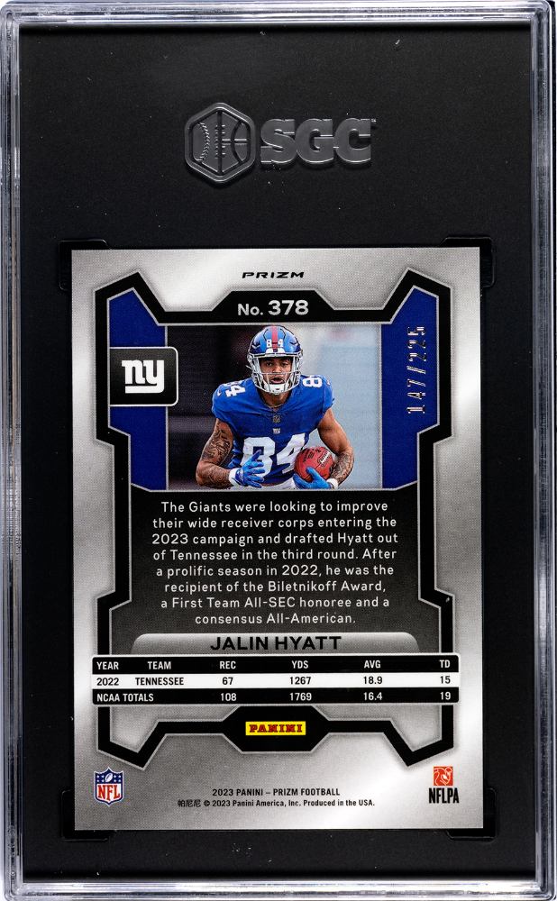2023 Panini Prizm Jalin Hyatt Purple Ice /225 Rookie #378 SGC 9.5 Giants