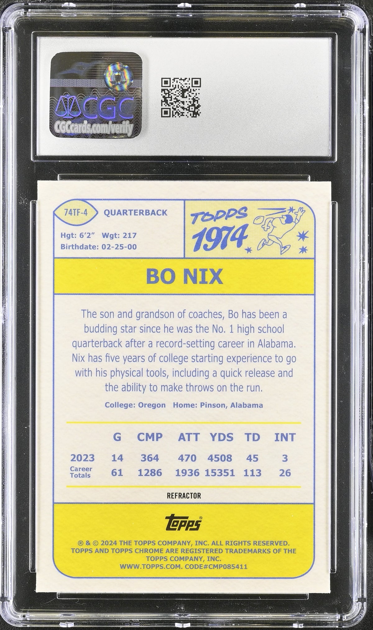 2024 Topps Chrome Bo Nix Refractor Rookie '74 Topps #74TF-4 CGC 10 Broncos