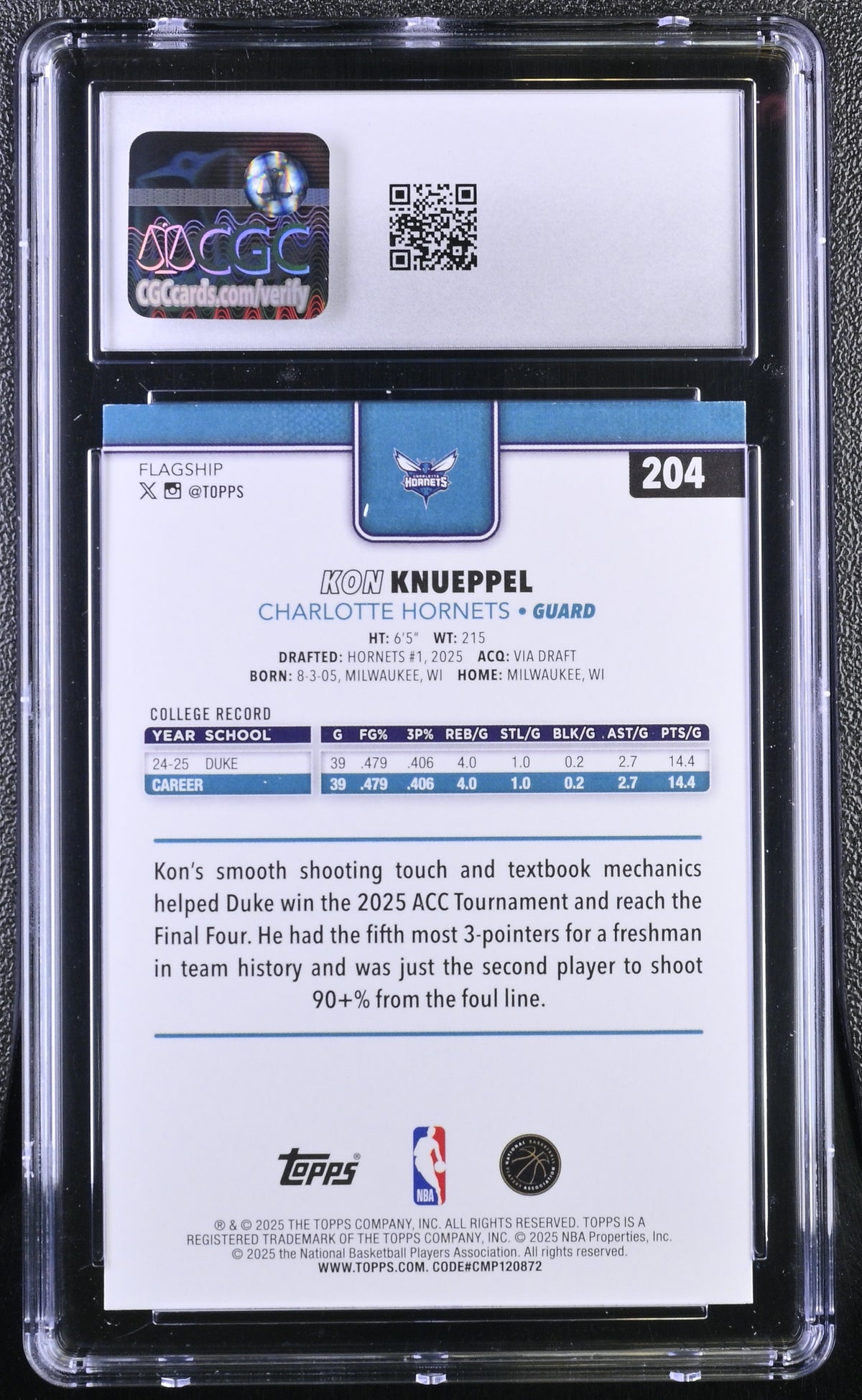 2025-26 Topps Kon Knueppel Rookie #204 CGC 9.5 Charlotte Hornets