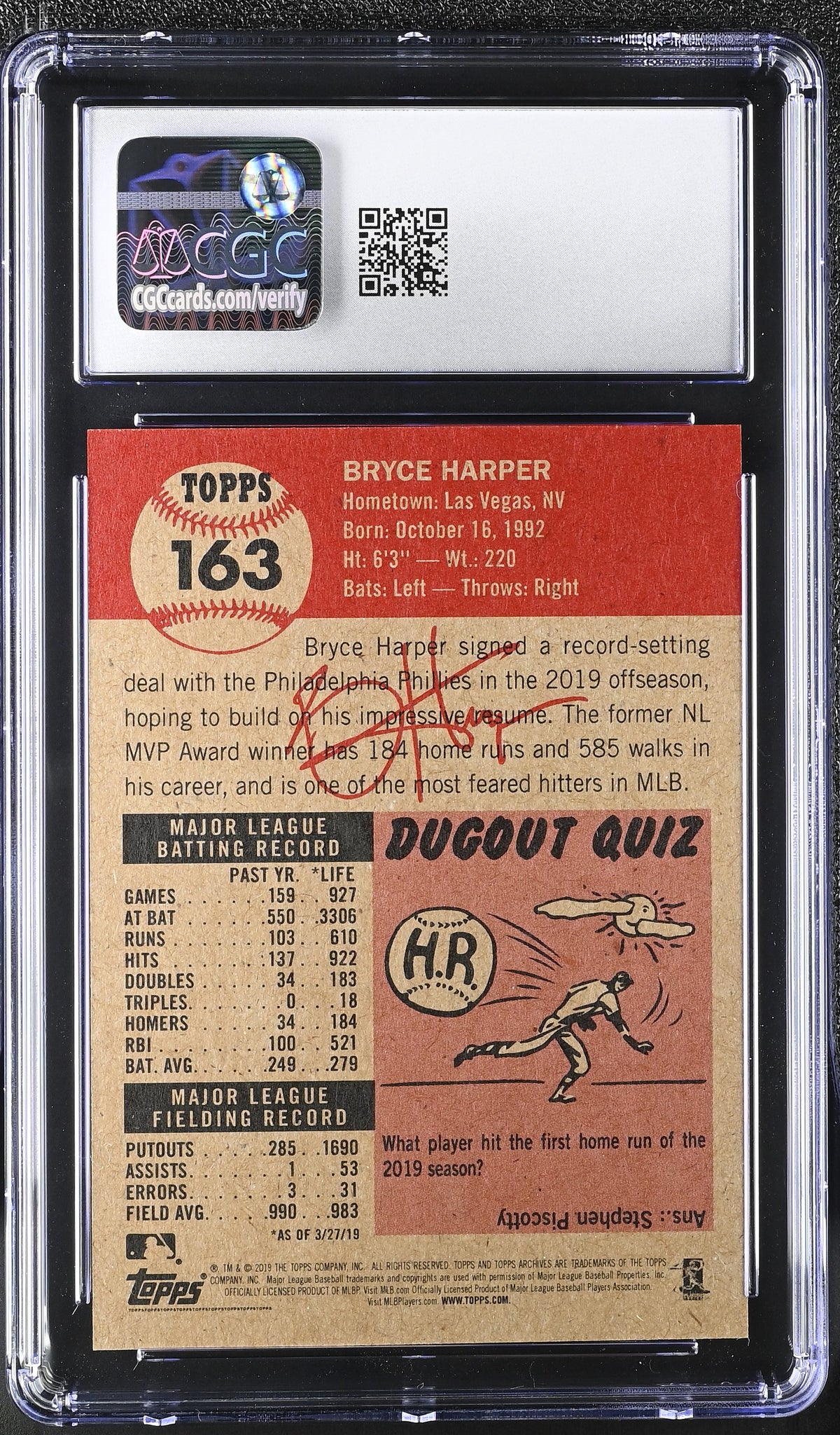 2019 Topps Living Set Bryce Harper #163 CGC 10 Philadelphia Phillies