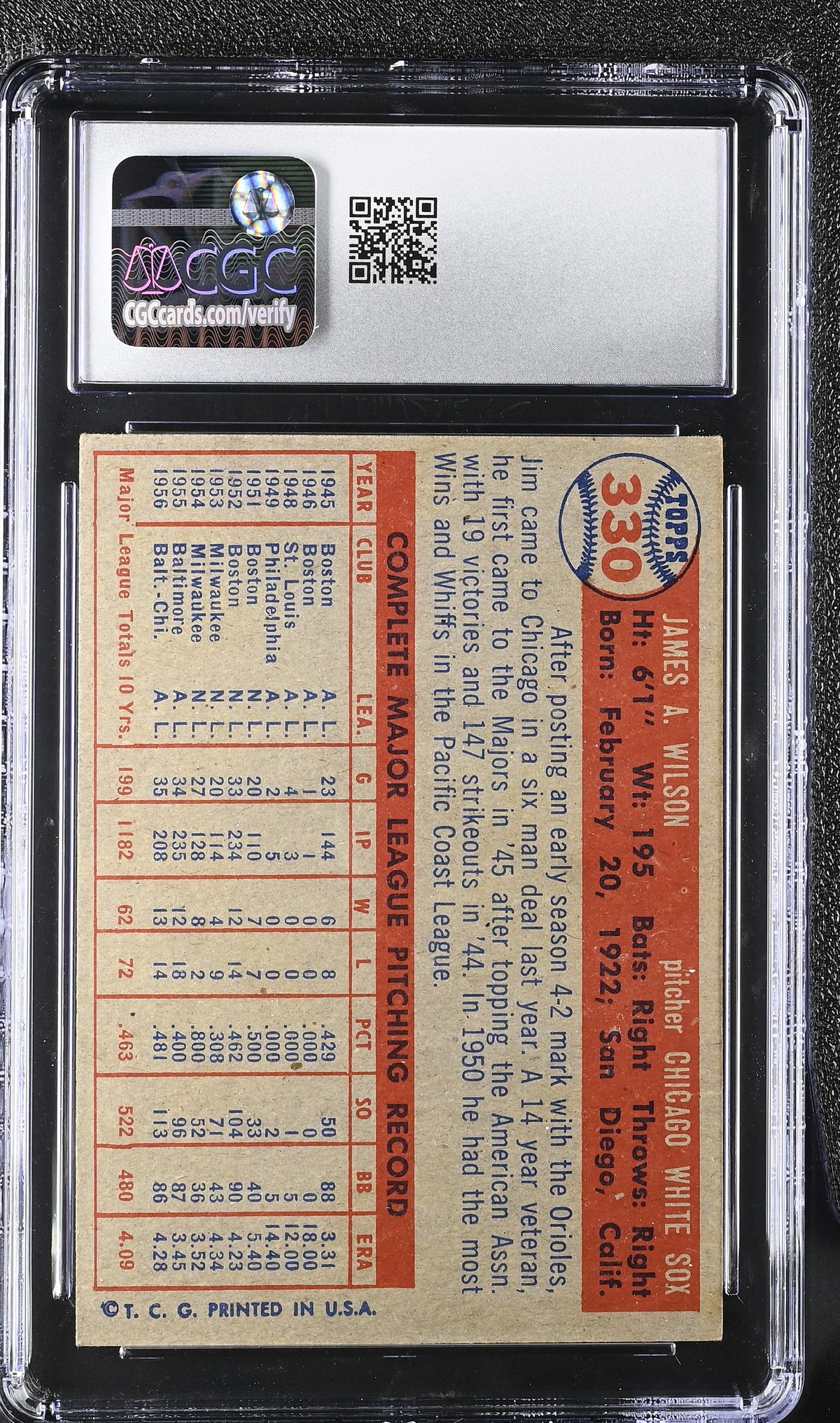 1957 Topps Jim Wilson #330 CGC 5.5 Chicago White Sox