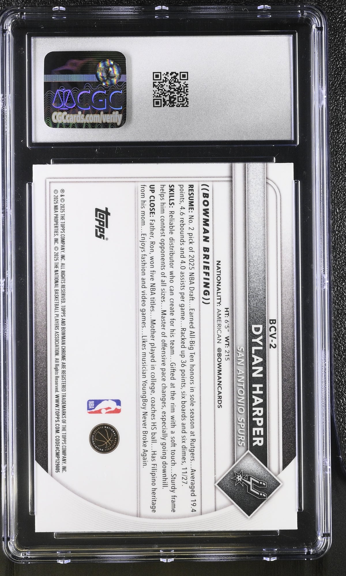 2025-26 Bowman Dylan Harper Rookie Chrome #BCV-2 CGC 10 San Antonio Spurs