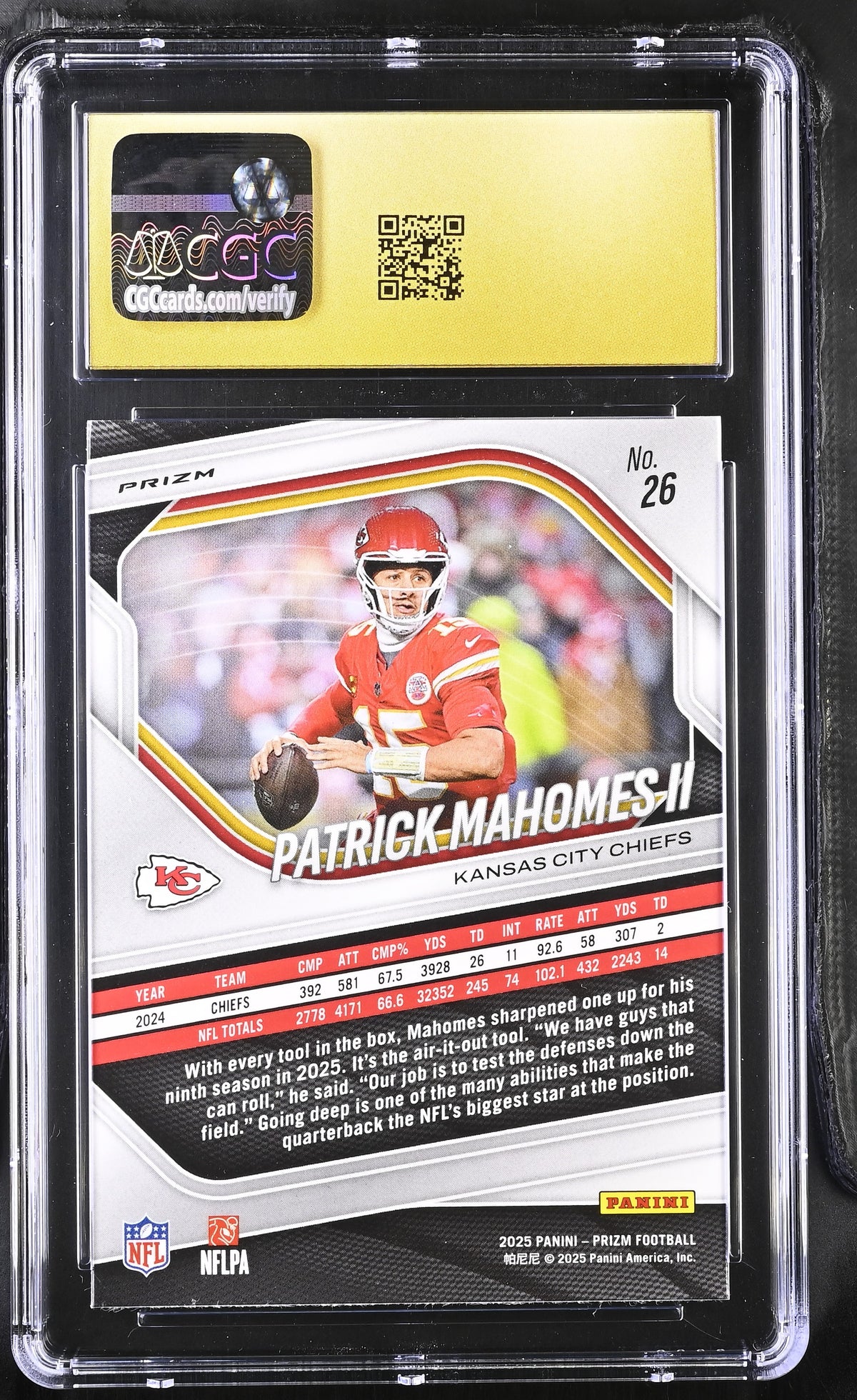 2025 Panini Prizm Patrick Mahomes II Lazer #26 CGC 10 Pristine Chiefs