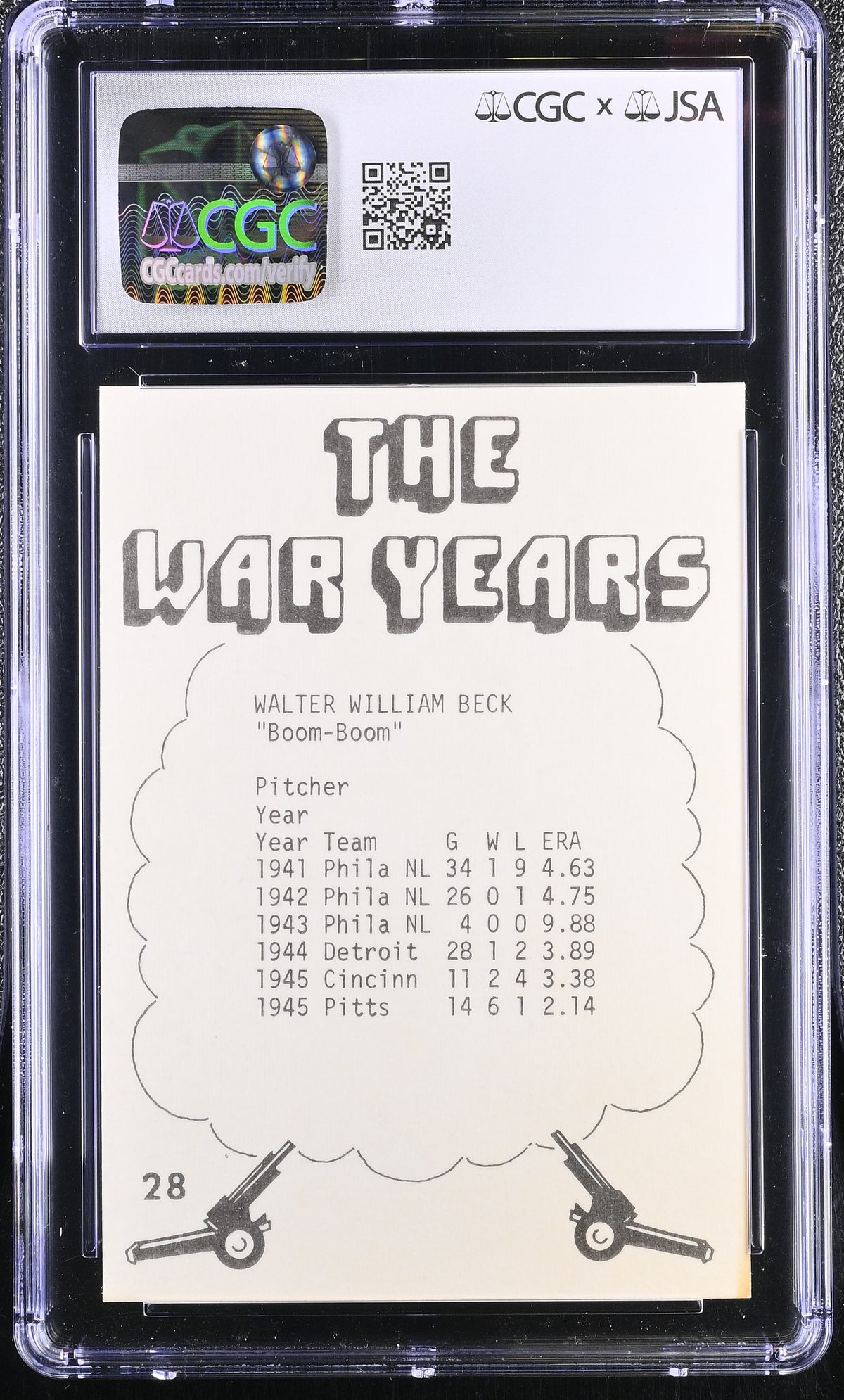 1977 Tcma The War Years Walter Beck #28 CGC 7 JSA Pittsburgh Pirates