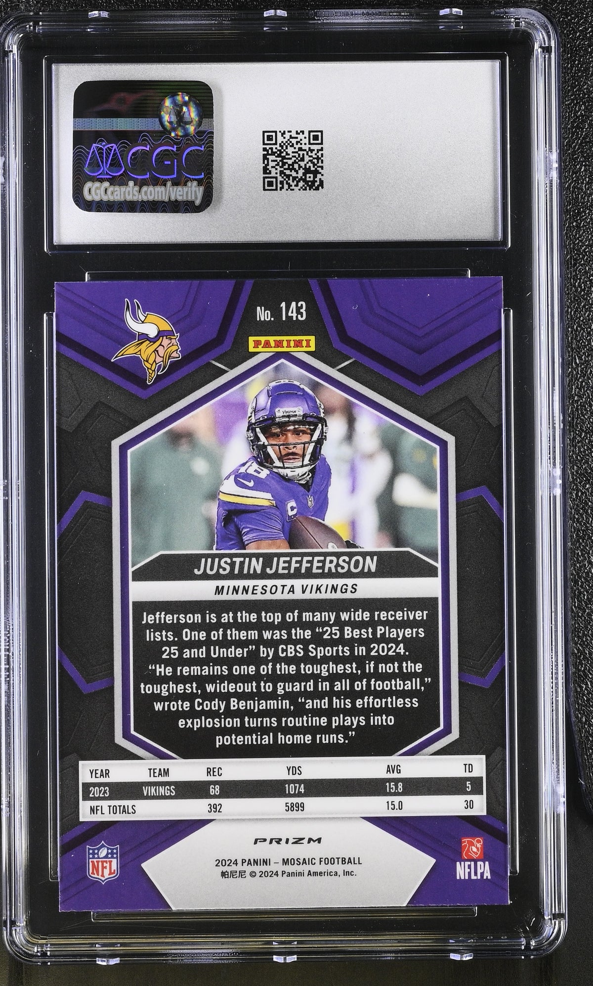 2024 Panini Mosaic Justin Jefferson Red Sparkle #143 CGC 9.5 Minnesota Vikings