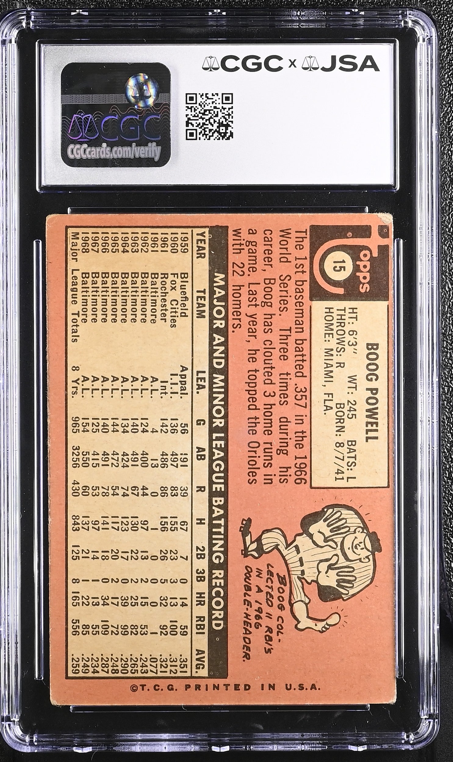 1969 Topps Boog Powell #15 CGC Authentic JSA Auto 10