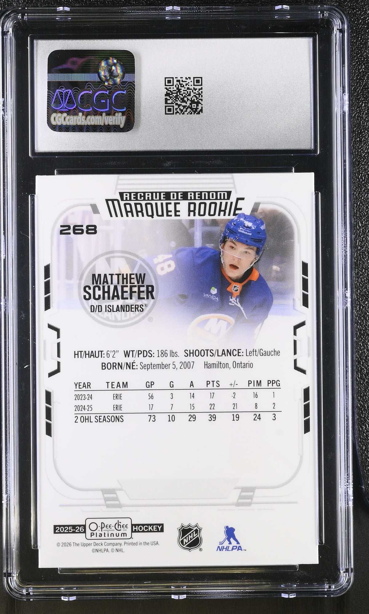 2025-26 O-Pee-Chee Platinum Matthew Schaefer Rookie #268 CGC 10 Islanders