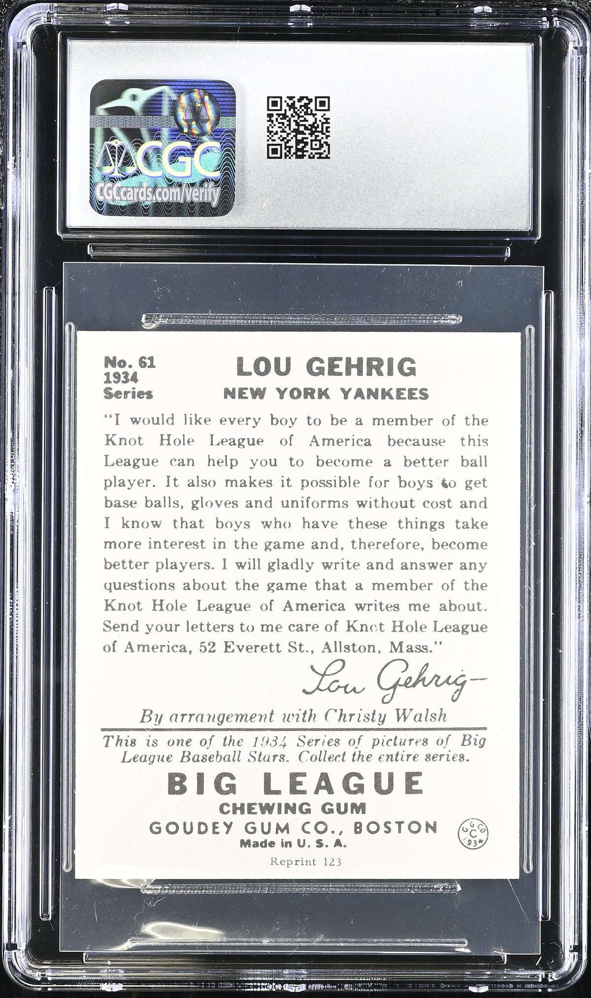 1976 Tcma Goudey Reprints Lou Gehrig '34 Goudey #61 CGC 7 New York Yankees