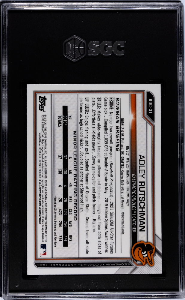 2021 Bowman Draft Sapphire Adley Rutschman Chrome Rookie #BDC-31 SGC 9.5 Orioles
