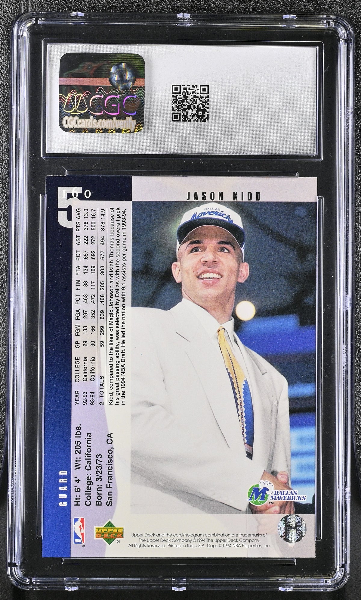 1994-95 Upper Deck Jason Kidd Rookie #160 CGC 10 Dallas Mavericks