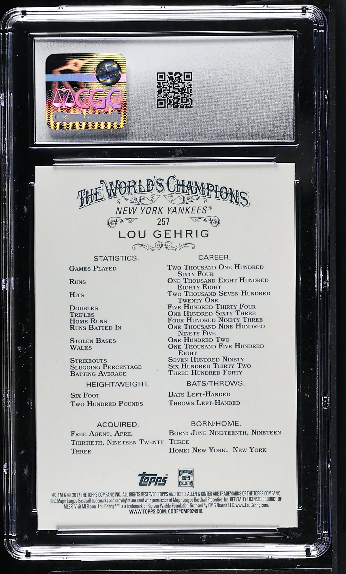 2017 Topps Allen & Ginter Lou Gehrig #257 CGC 9.5 New York Yankees