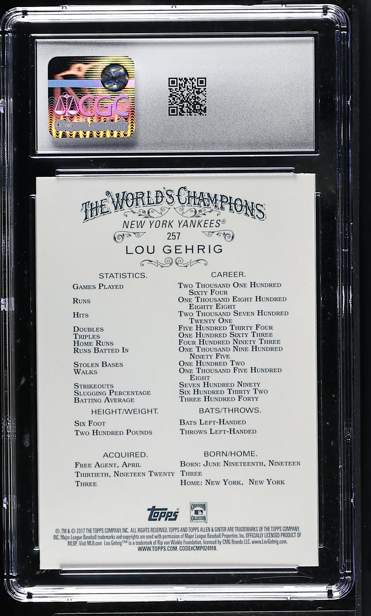 2017 Topps Allen & Ginter Lou Gehrig #257 CGC 9.5 New York Yankees
