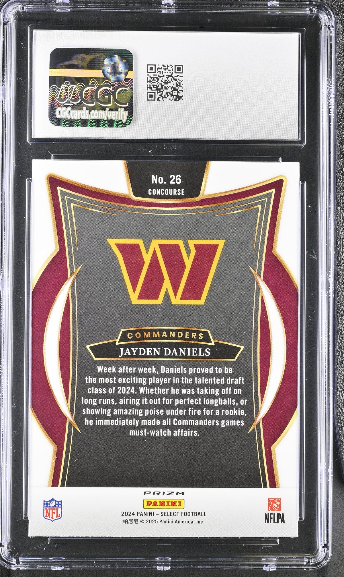 2024 Panini Select Jayden Daniels Black & Red Shock Rookie #26 CGC 10 Commanders