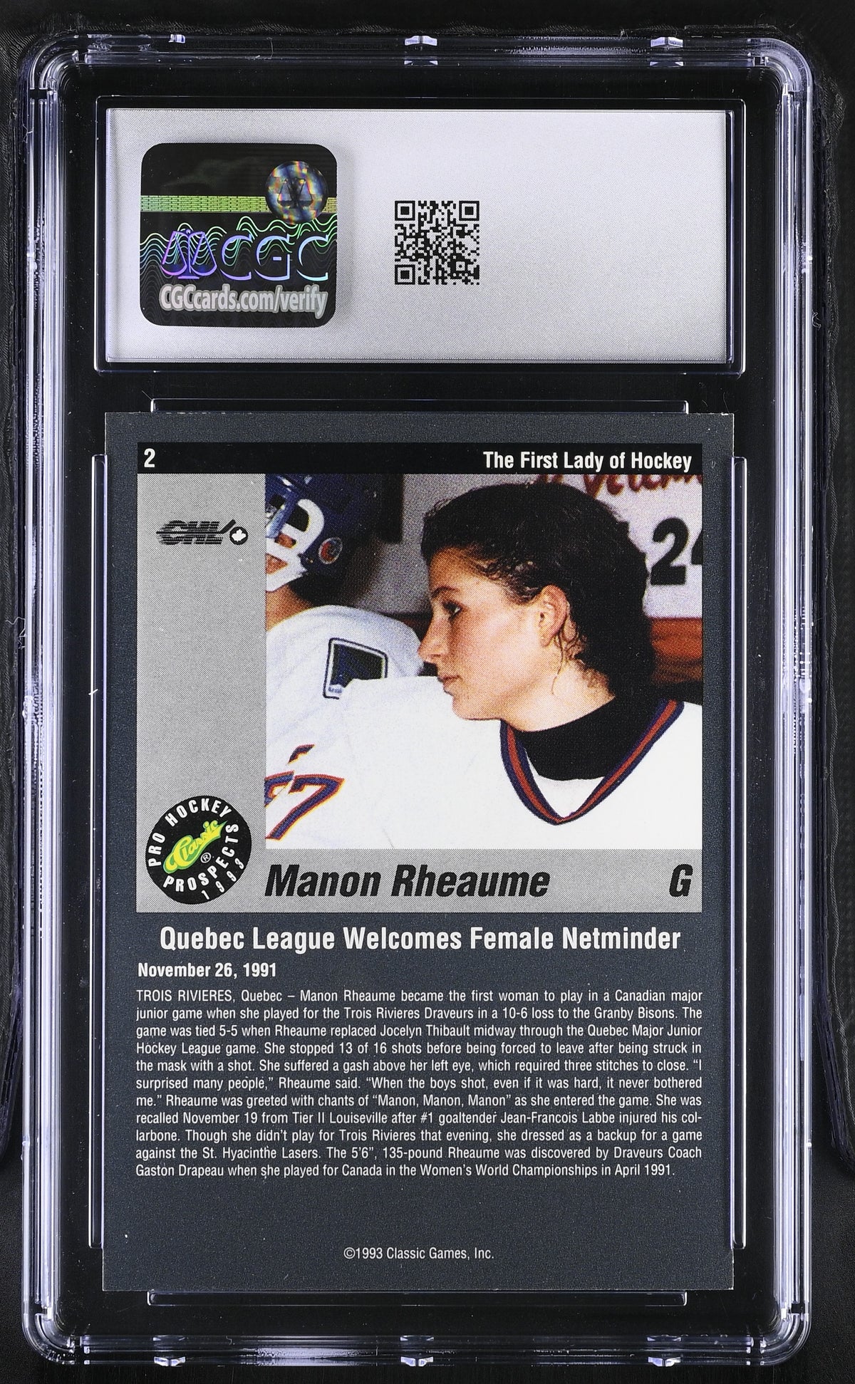 1993-94 Classic Pro Prospects Manon Rheaume Rookie #2 CGC 9.5