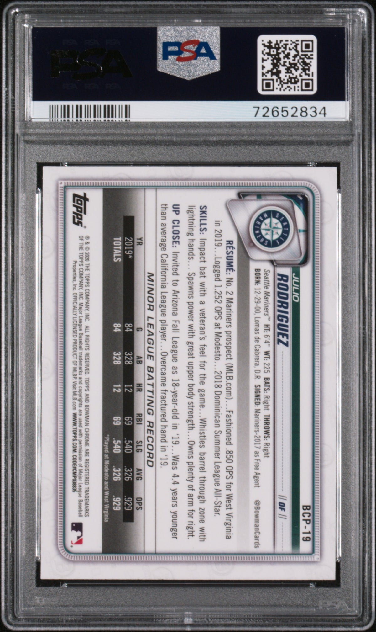 2020 Bowman Chrome Mega Box Julio Rodriguez Rookie #BCP19 PSA 10 Mariners
