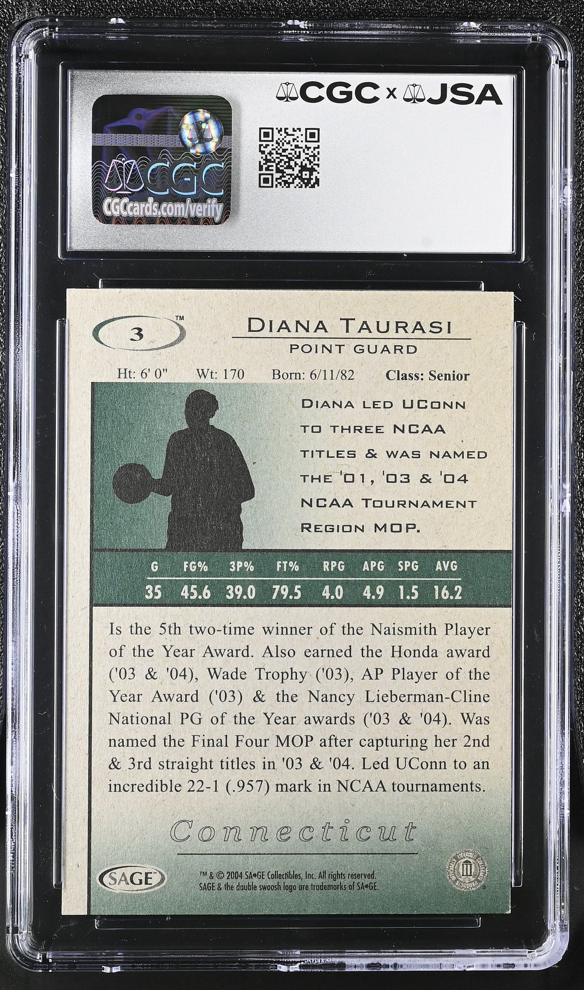 2004-05 Sage Hit Diana Taurasi Auto Autograph Rookie #3 CGC 8 JSA UConn Huskies